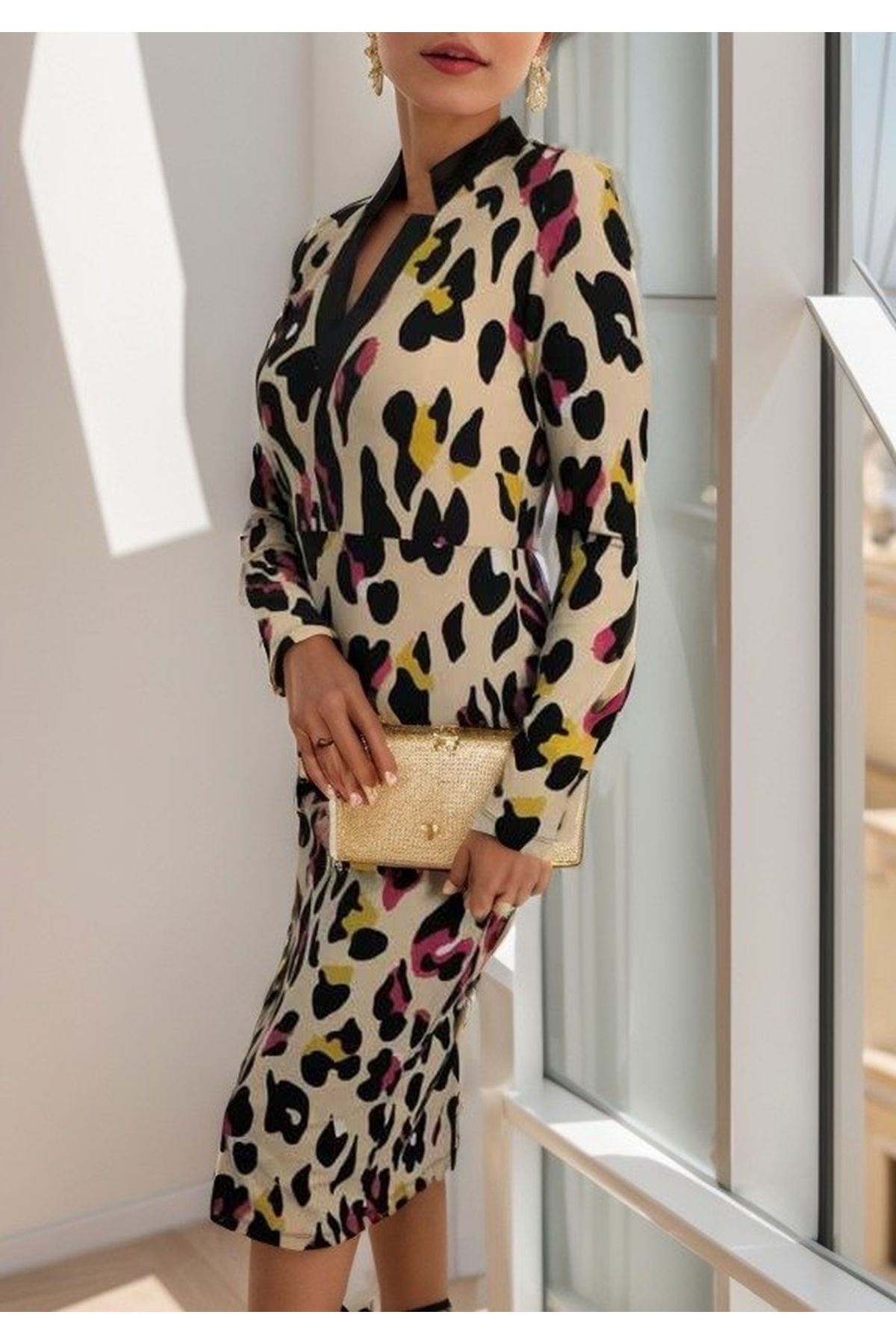 Kadın Uzun Kollu V Yaka Puantiyeli Krep Midi Boy Elbise