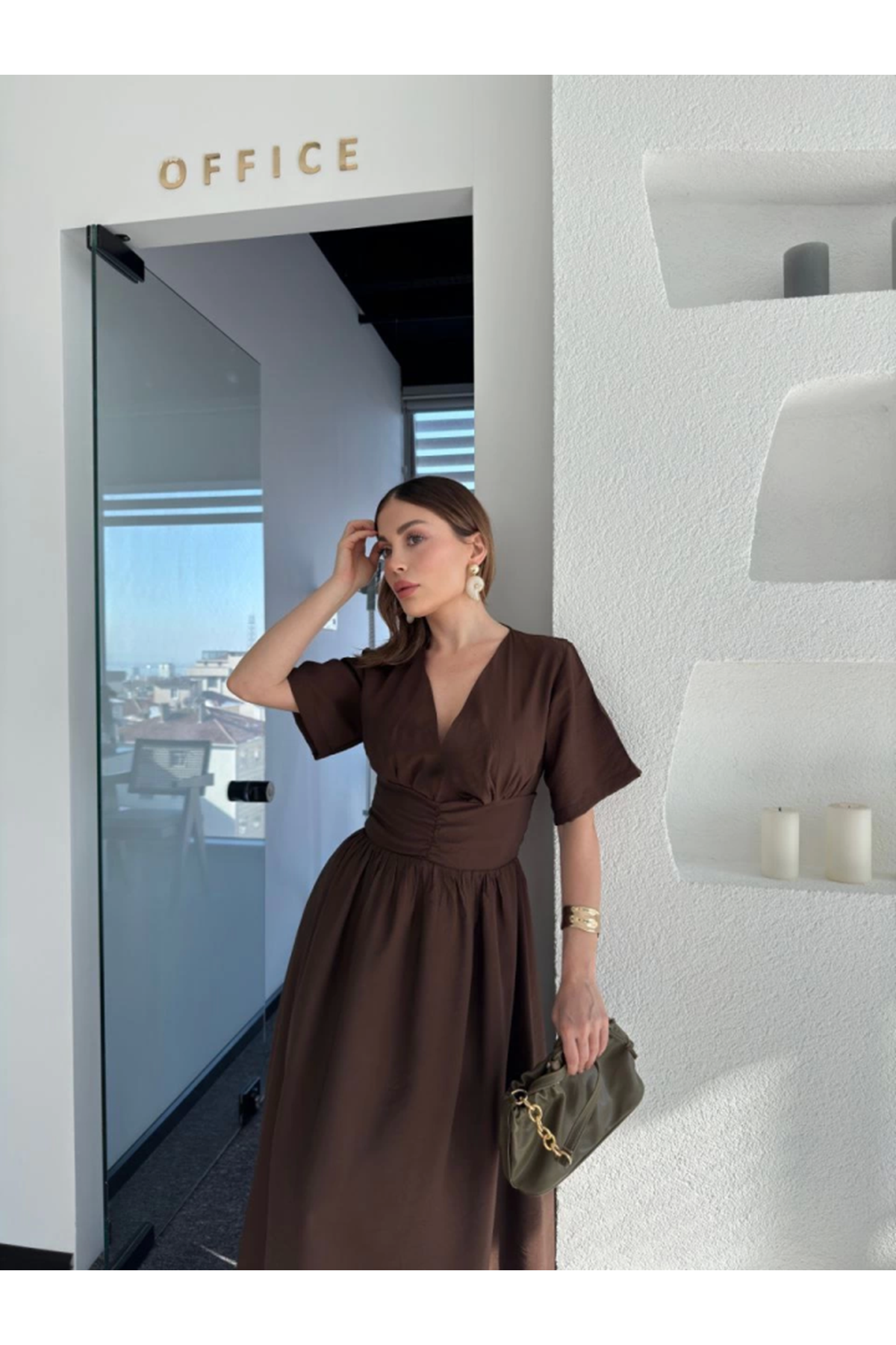 Kısa Kollu Uzun Elbise - Kahve