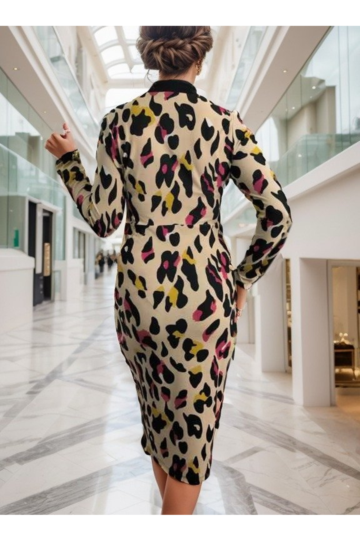 Kadın Uzun Kollu V Yaka Puantiyeli Krep Midi Boy Elbise