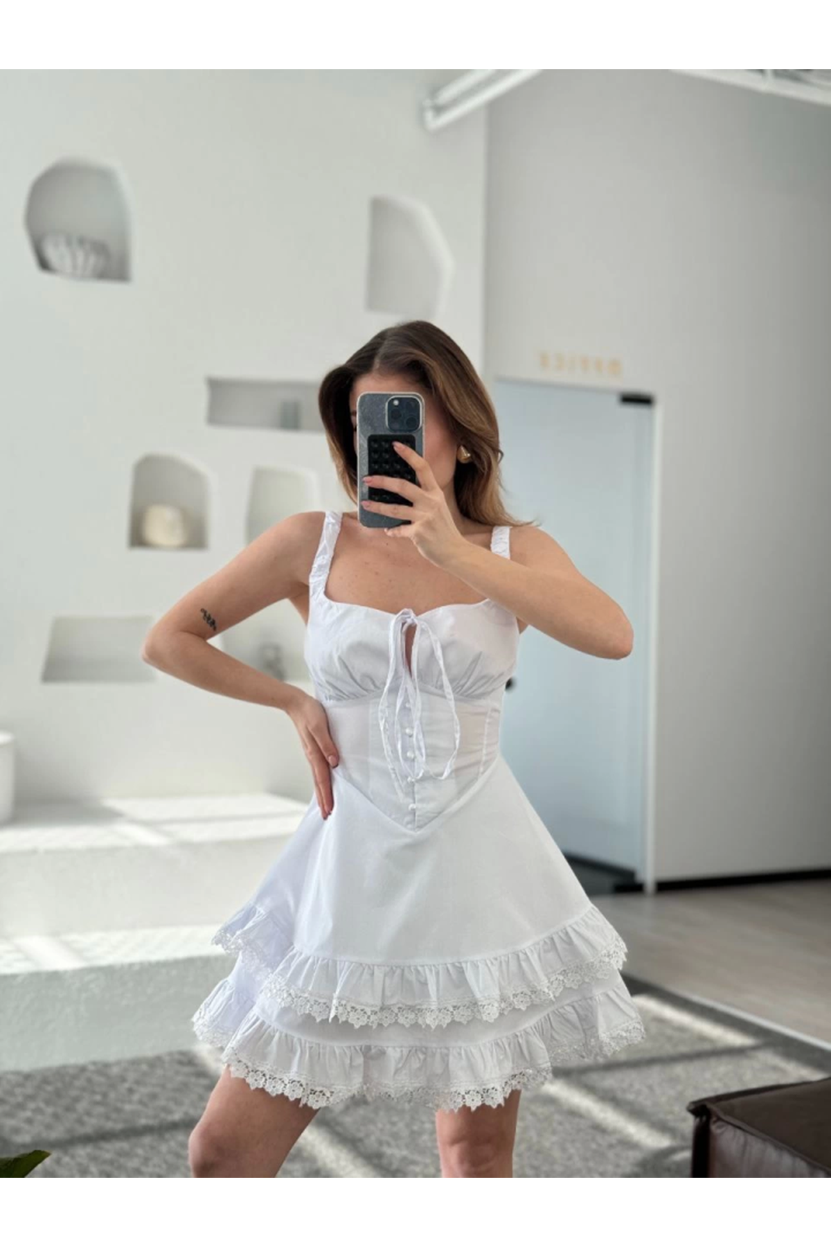 Mini Askılı Elbise - Beyaz