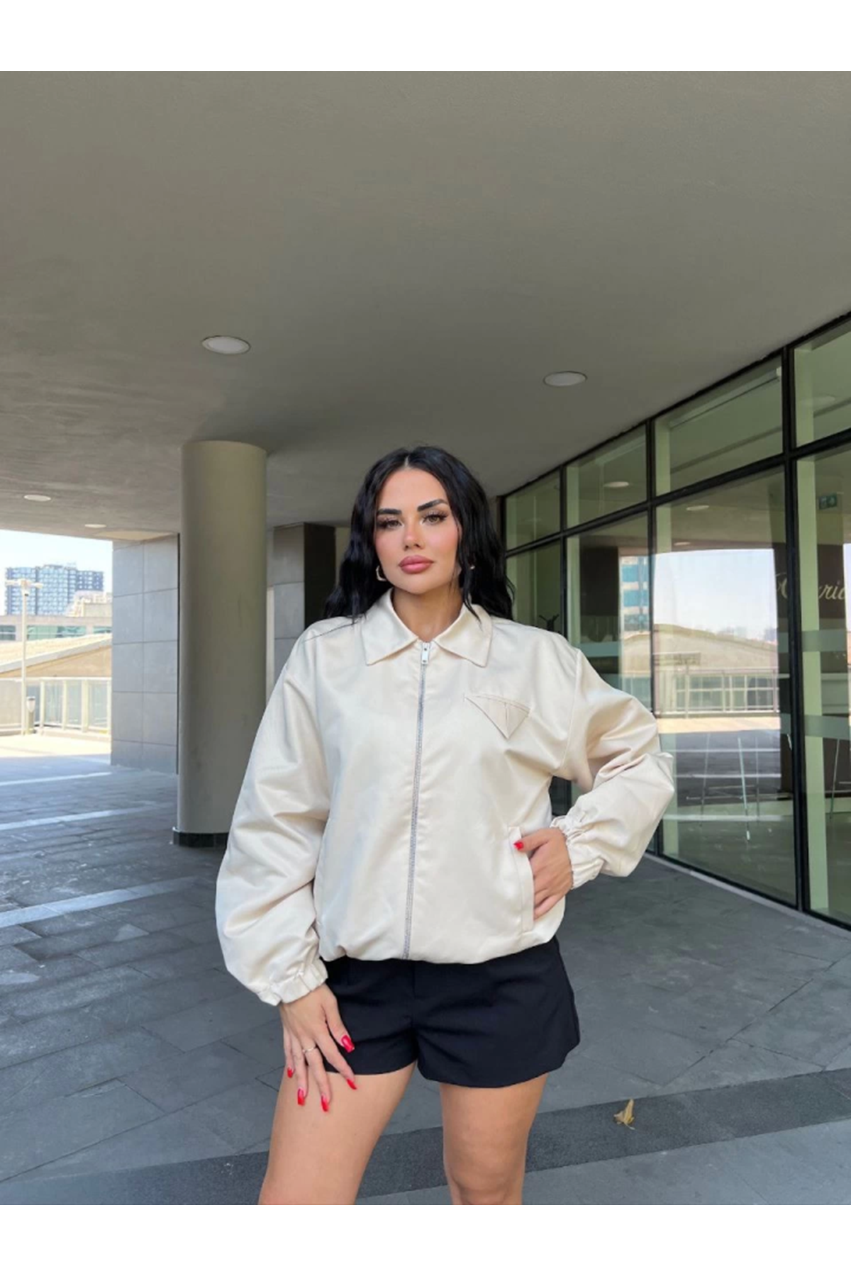 Fermuarlı Gömlek Yaka Bomber Ceket - Beyaz