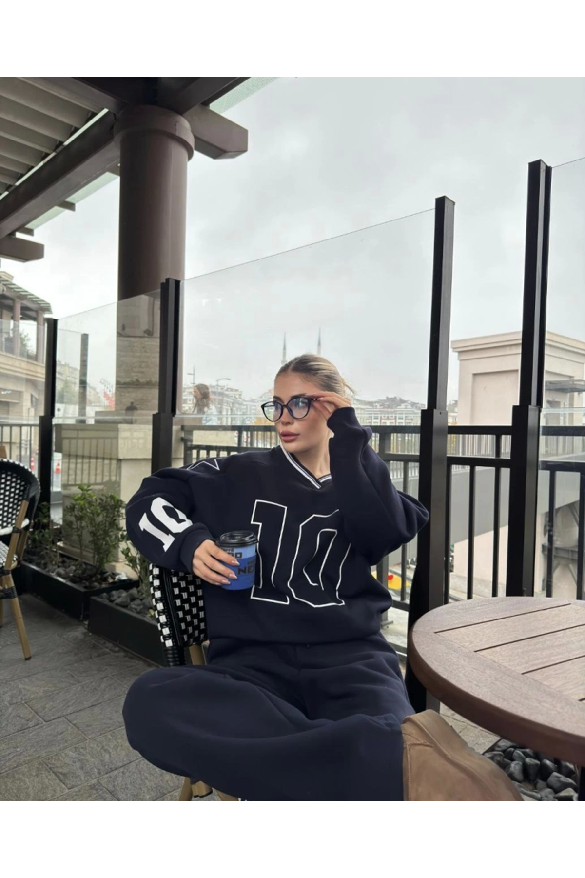 V Yaka Üç İplik Sweat Takım - Siyah