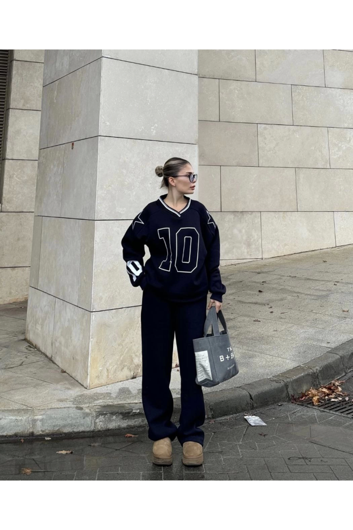 V Yaka Üç İplik Sweat Takım - Siyah