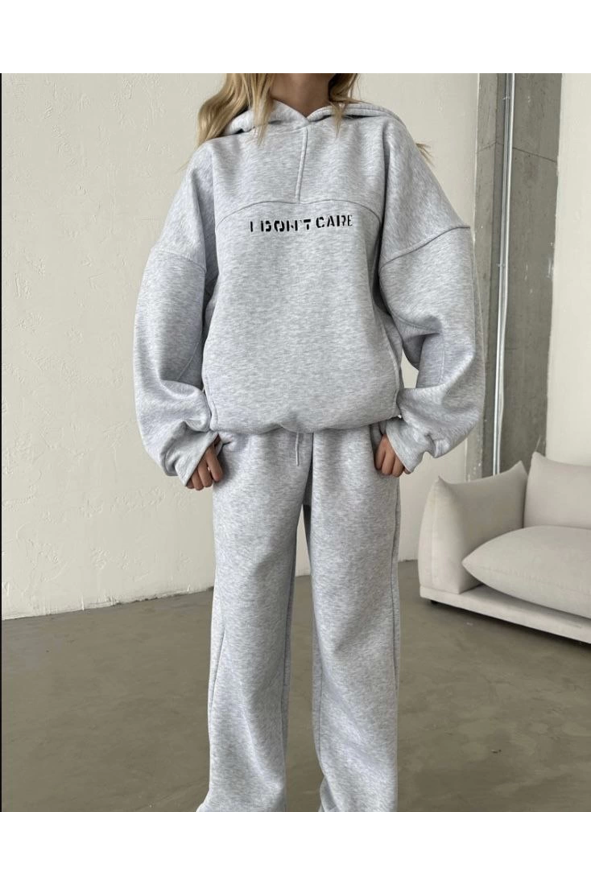 Nakış İşlemeli Üç İplik Sweat Takım- Gri