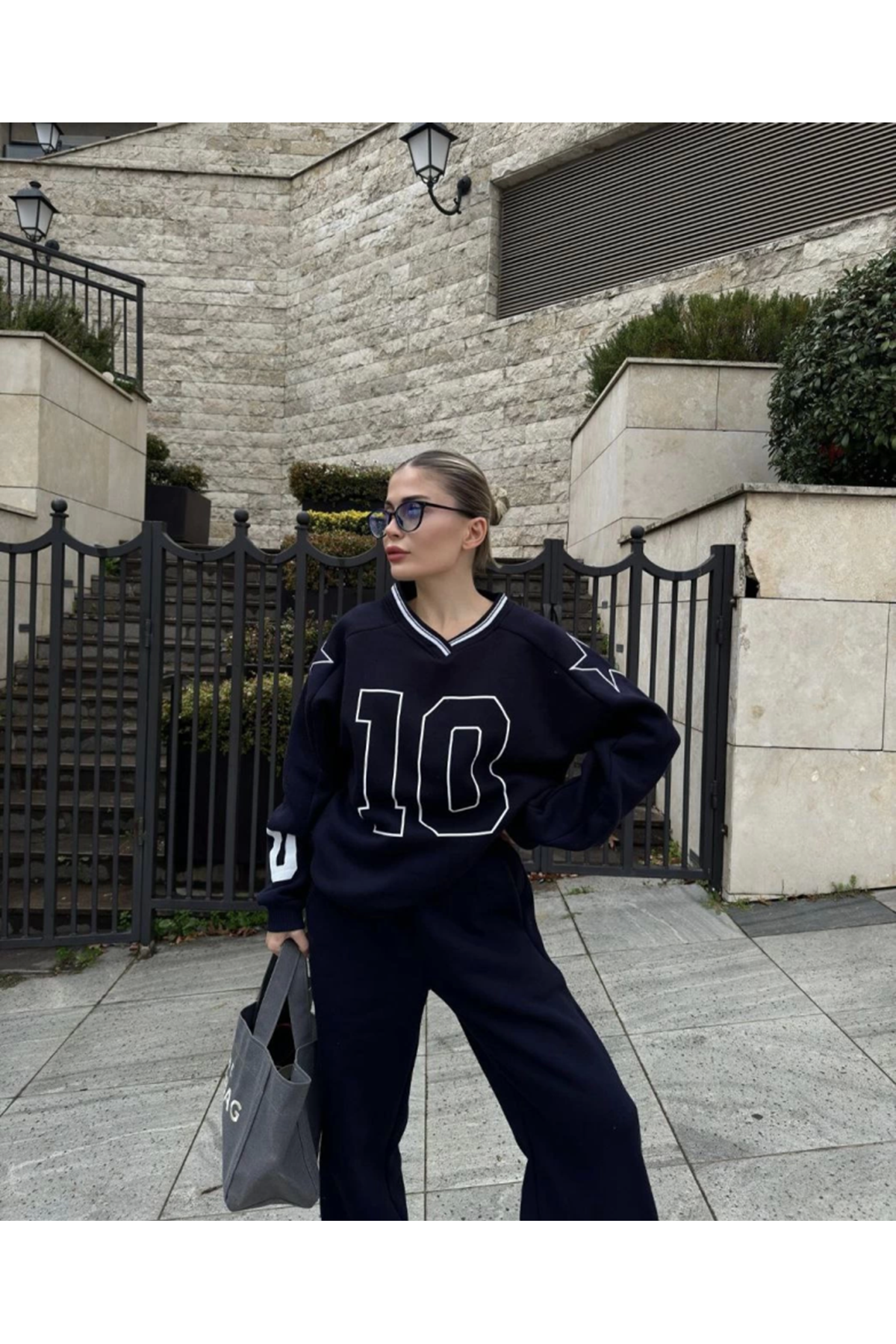 V Yaka Üç İplik Sweat Takım - Siyah