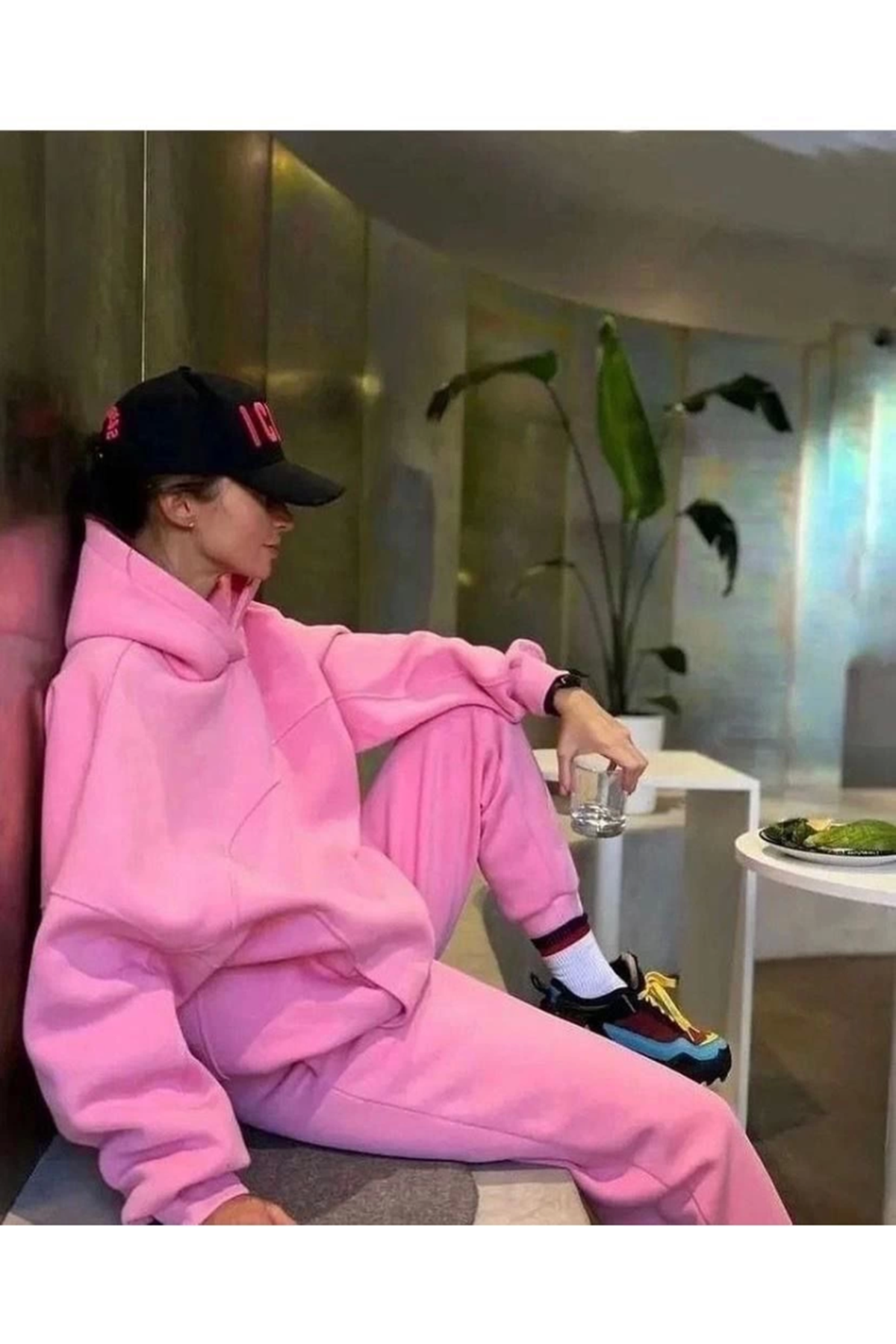 Nakış İşlemeli Üç İplik Sweat Takım- Pembe