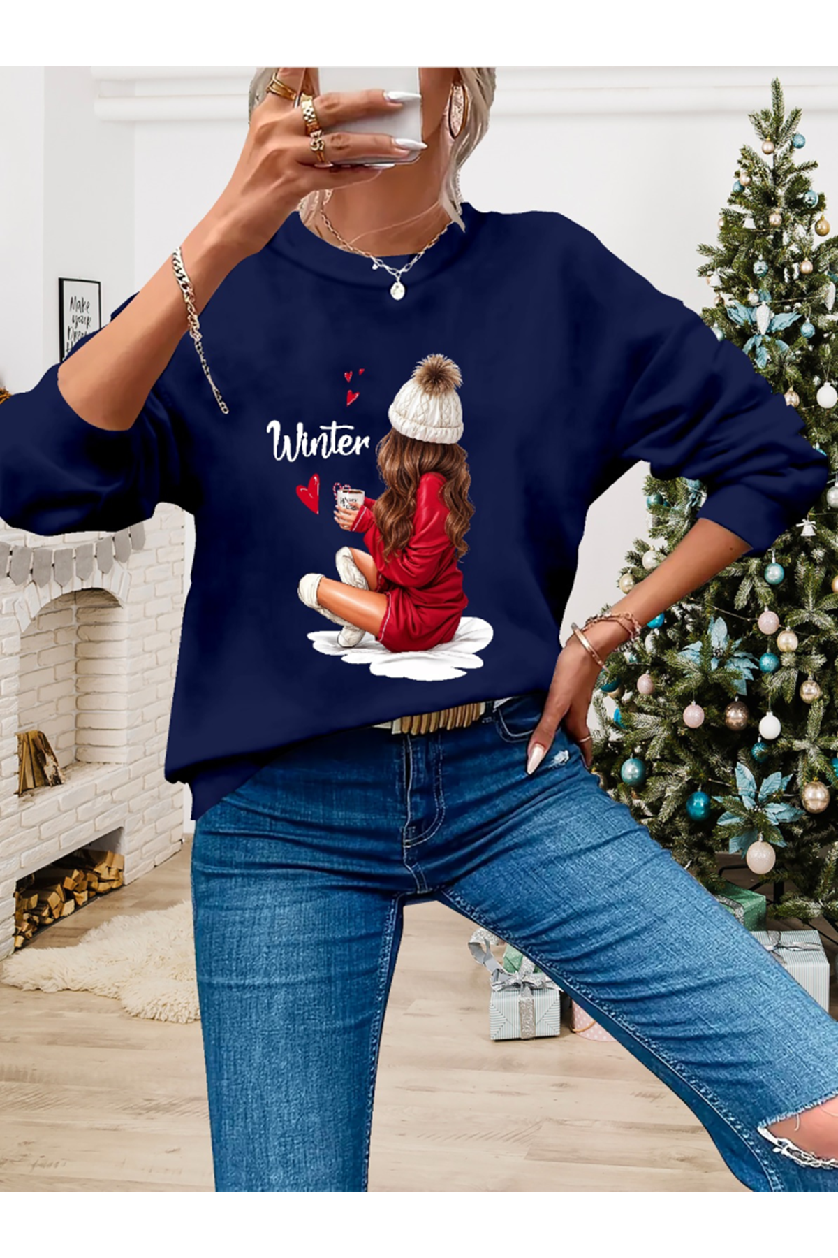 Kadın Yılbaşı Özel Uzun Kollu Bisiklet Yaka Desenli Viskon Iki Iplik Bluz