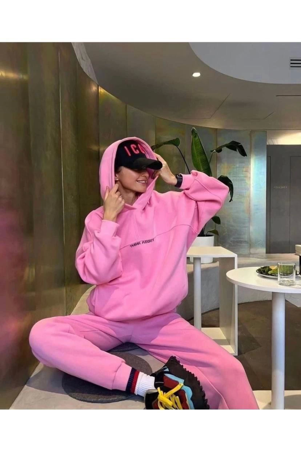 Nakış İşlemeli Üç İplik Sweat Takım- Pembe