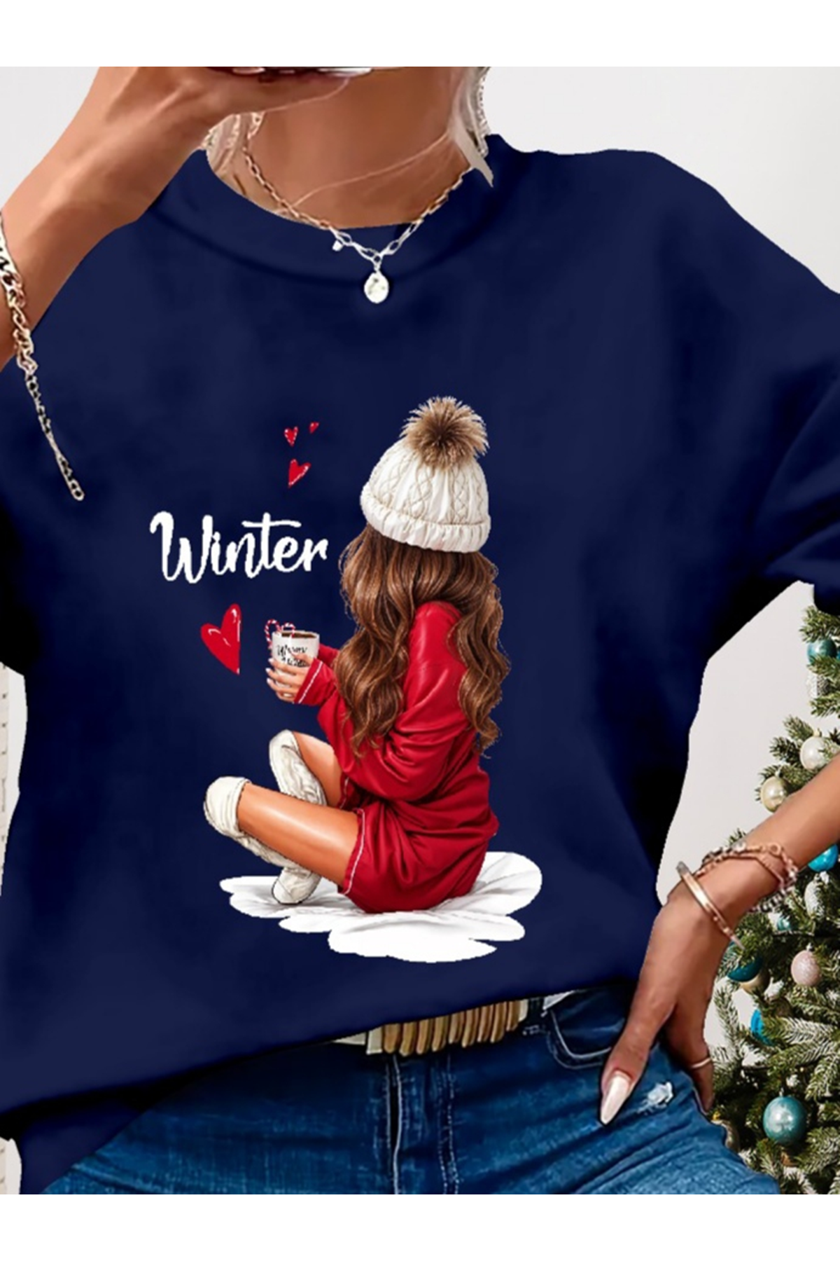 Kadın Yılbaşı Özel Uzun Kollu Bisiklet Yaka Desenli Viskon Iki Iplik Bluz