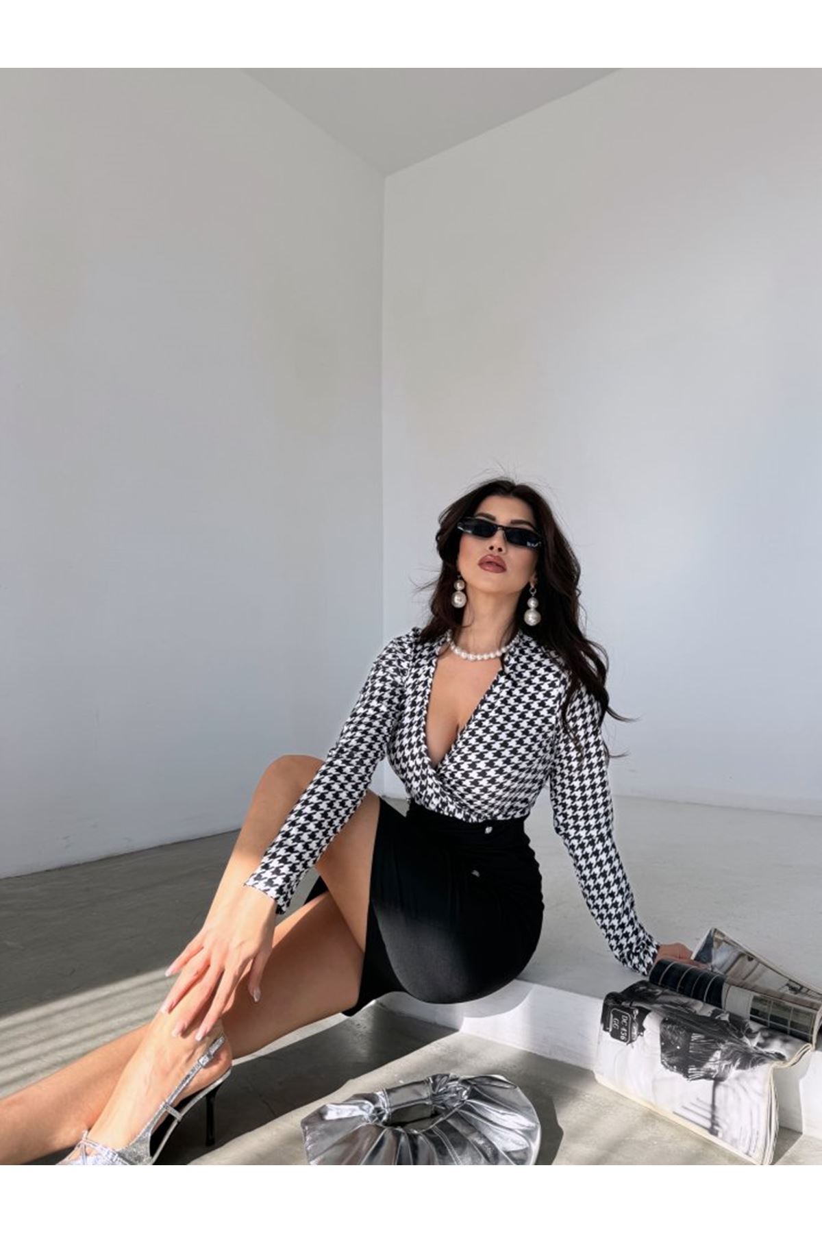 Kadın Uzun Kollu Kruvaze Yaka üst Kazayağı Desen Düğme Detaylı Dalgıç Elbise