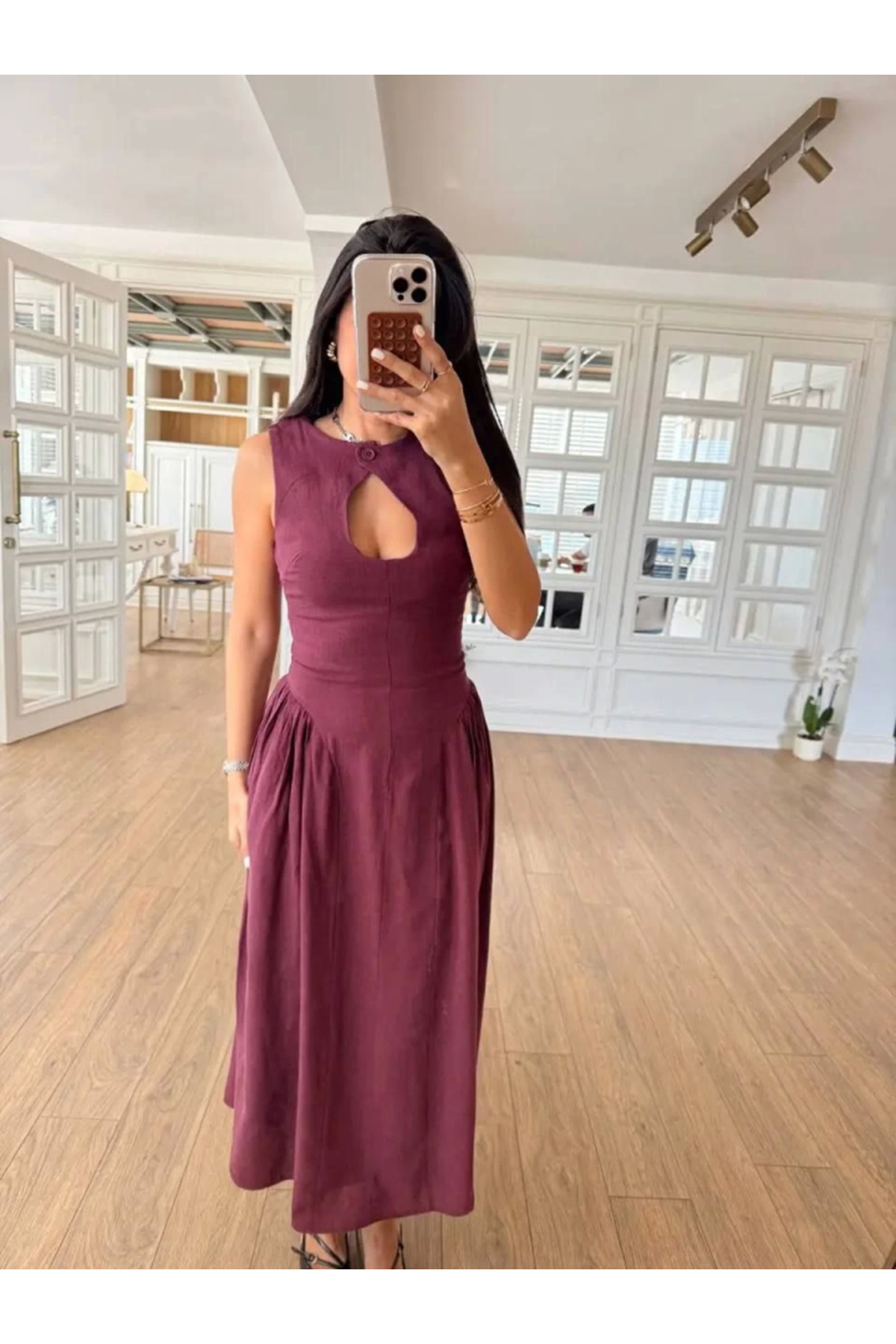 Kolsuz Uzun Kabardin Elbise - Bordo