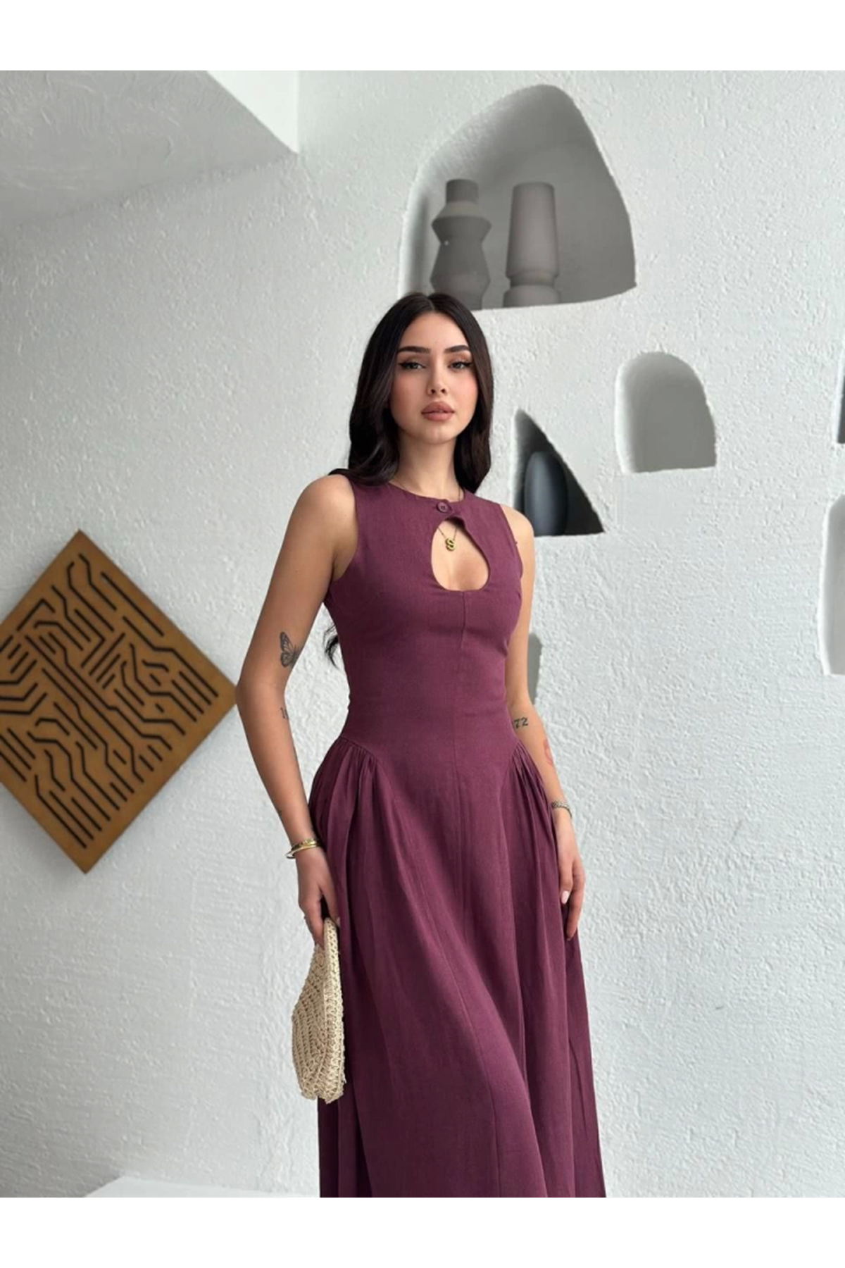 Kolsuz Uzun Kabardin Elbise - Bordo