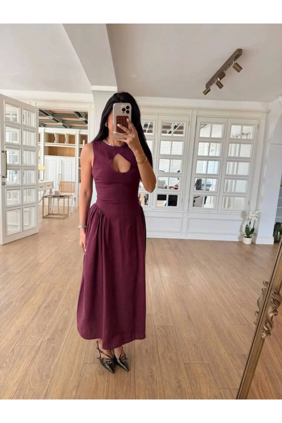 Kolsuz Uzun Kabardin Elbise - Bordo