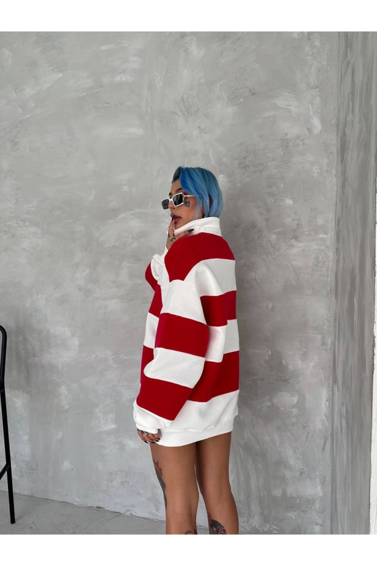 Unisex Üç İplik Parçalı Yakalı SweatShirt - Kırmızı