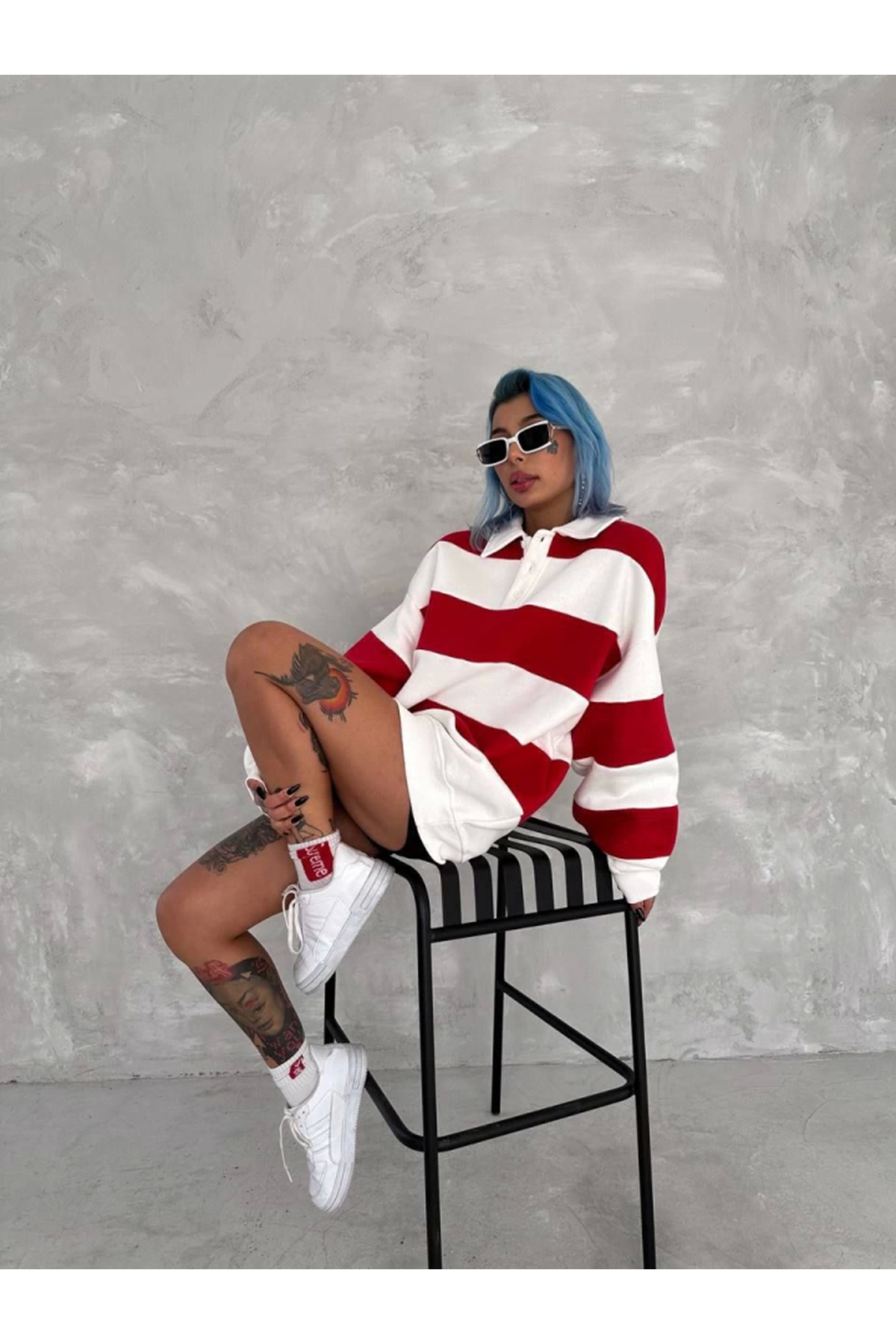 Unisex Üç İplik Parçalı Yakalı SweatShirt - Kırmızı