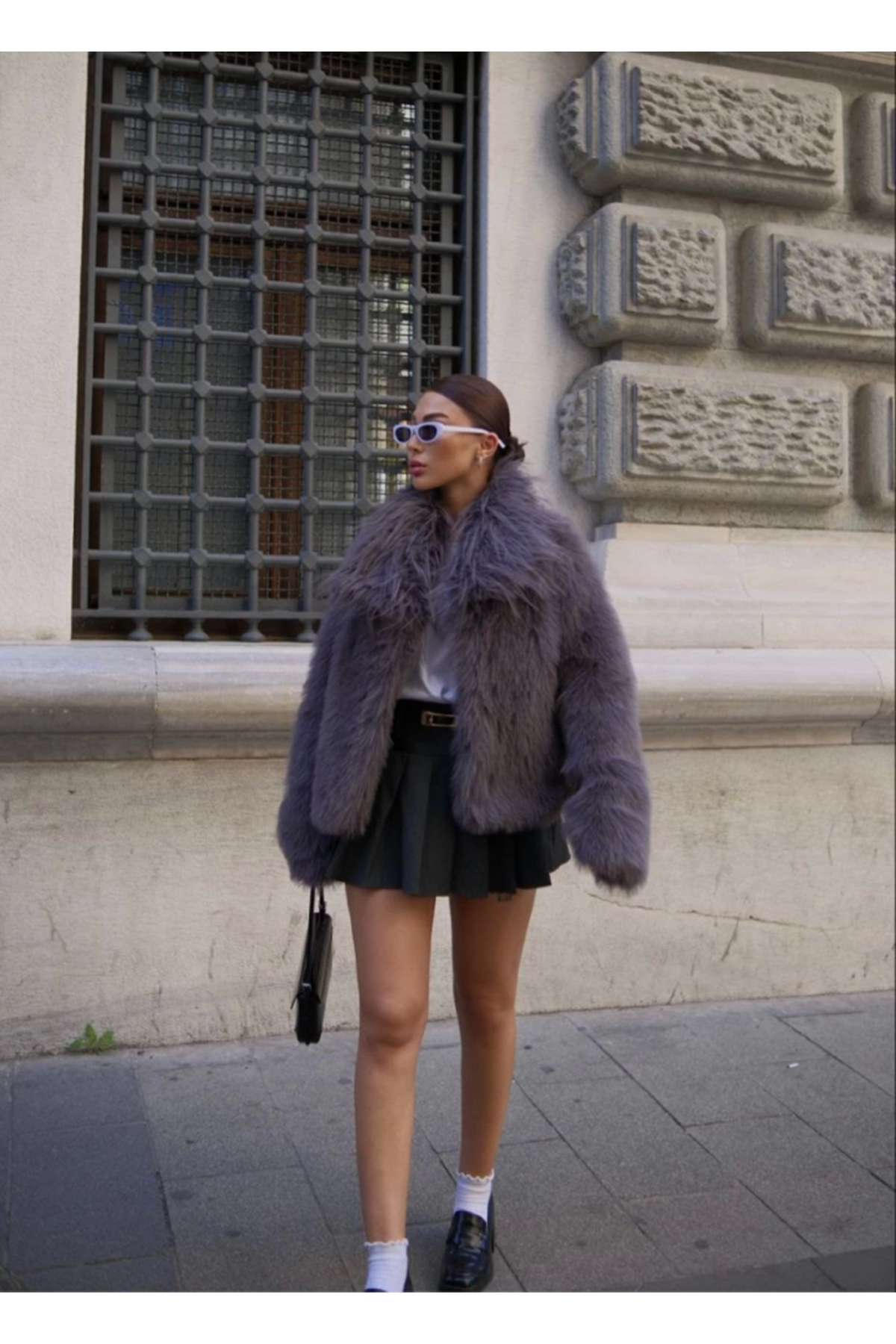 Salaş Sakallı Yumuşak Dokulu Yakalı Cepli Suni Kürk - Füme