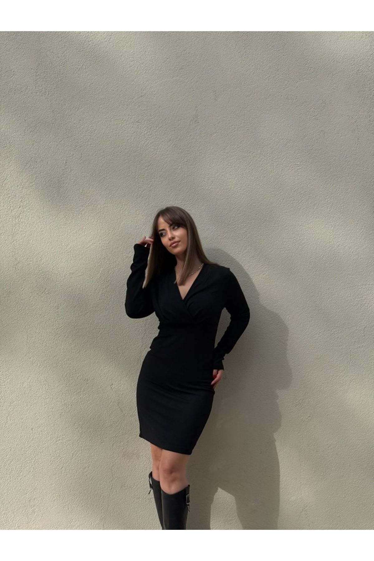 Kadın Uzun Kollu Kruvaze Yaka Krep Mini Boy Elbise