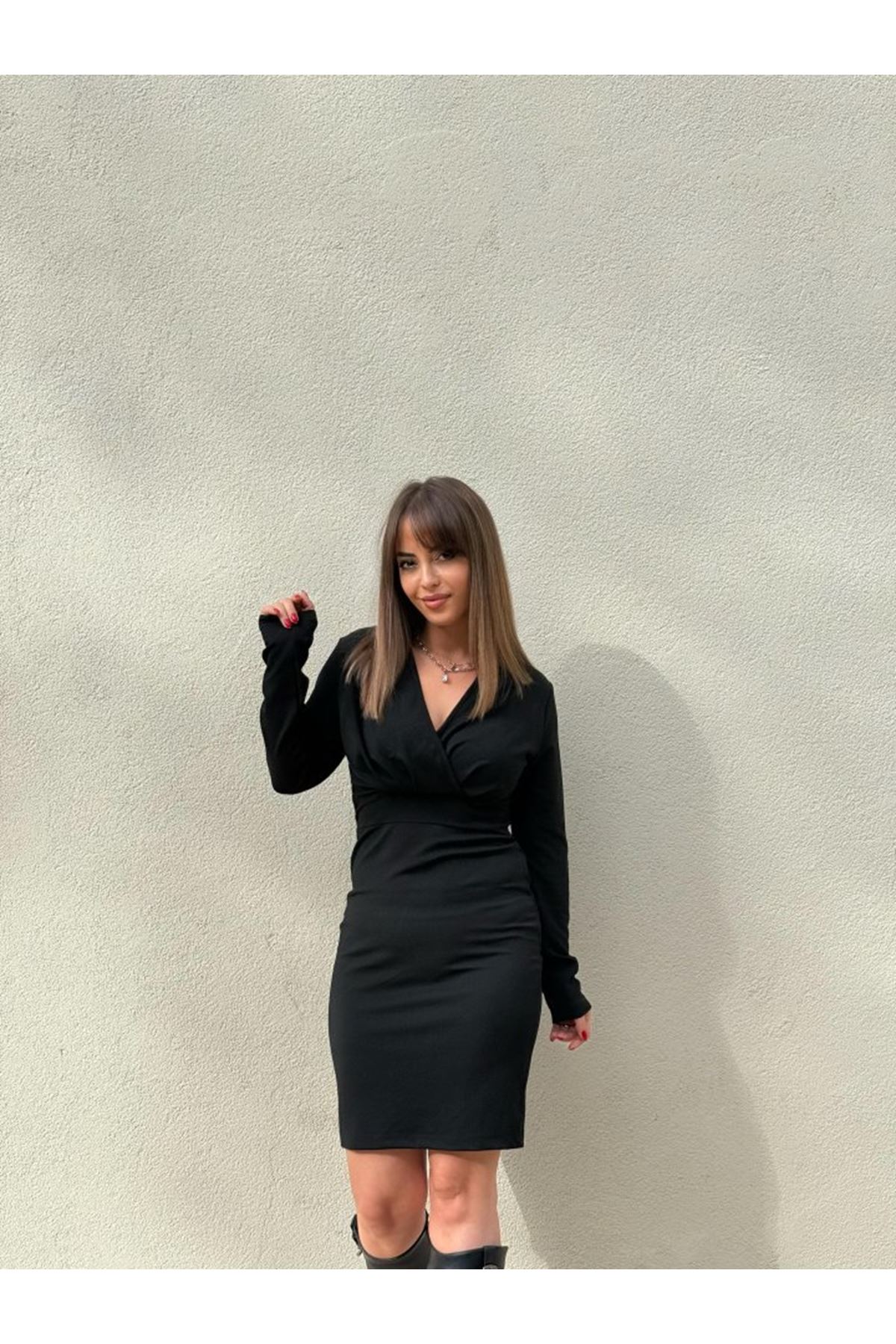 Kadın Uzun Kollu Kruvaze Yaka Krep Mini Boy Elbise