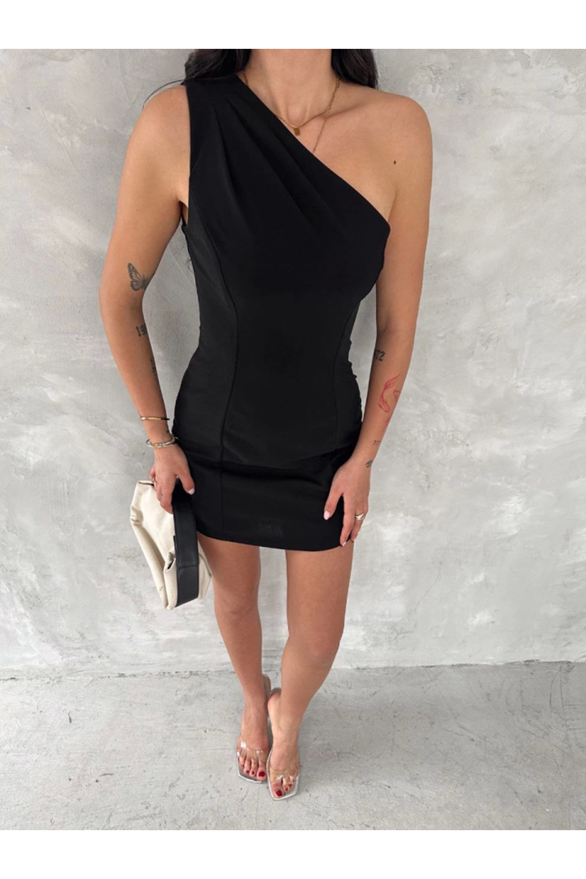 Tek Omuzlu Kolsuz Mini Boy Elbise - Siyah
