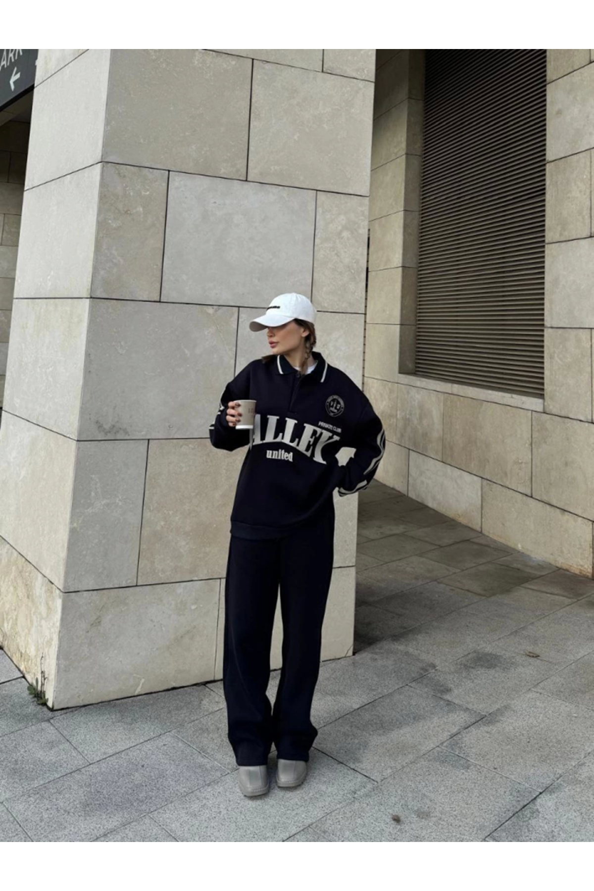 Üç İplik Yakalı Sweat Baggy Pantalonlu Takım - Siyah