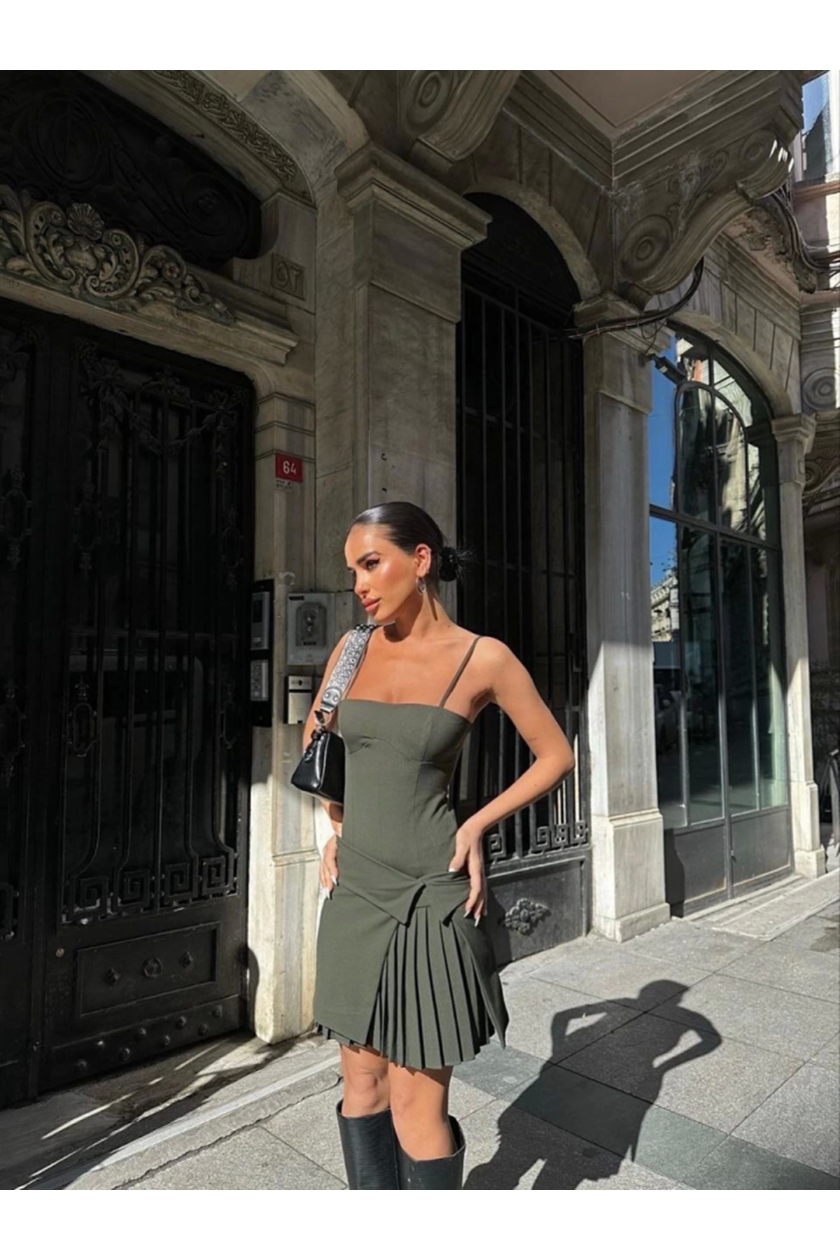 İki Parçalı Pileli Askılı Mini Elbise - Haki