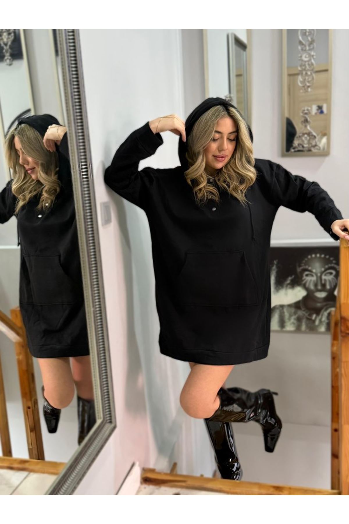 Kadın Uzun Kollu Kapşonlu Bağcıklı önden Düğmeli Ve Cepli Iki Iplik şardonlu Elbise