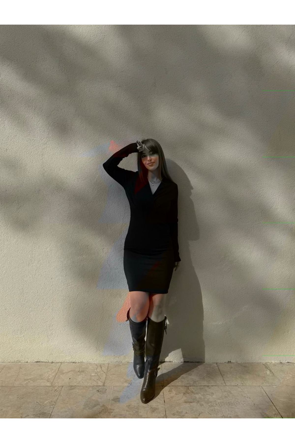 Kadın Uzun Kollu Kruvaze Yaka Krep Mini Boy Elbise