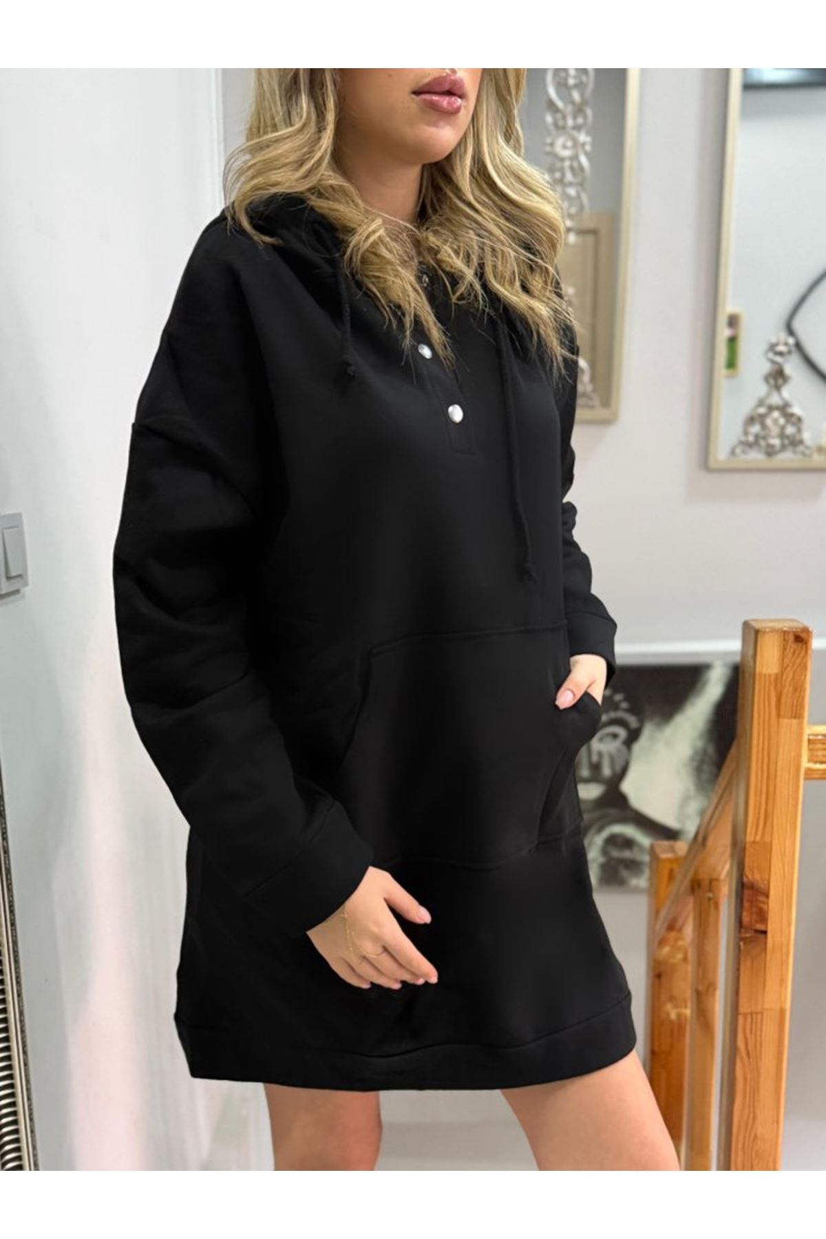 Kadın Uzun Kollu Kapşonlu Bağcıklı önden Düğmeli Ve Cepli Iki Iplik şardonlu Elbise