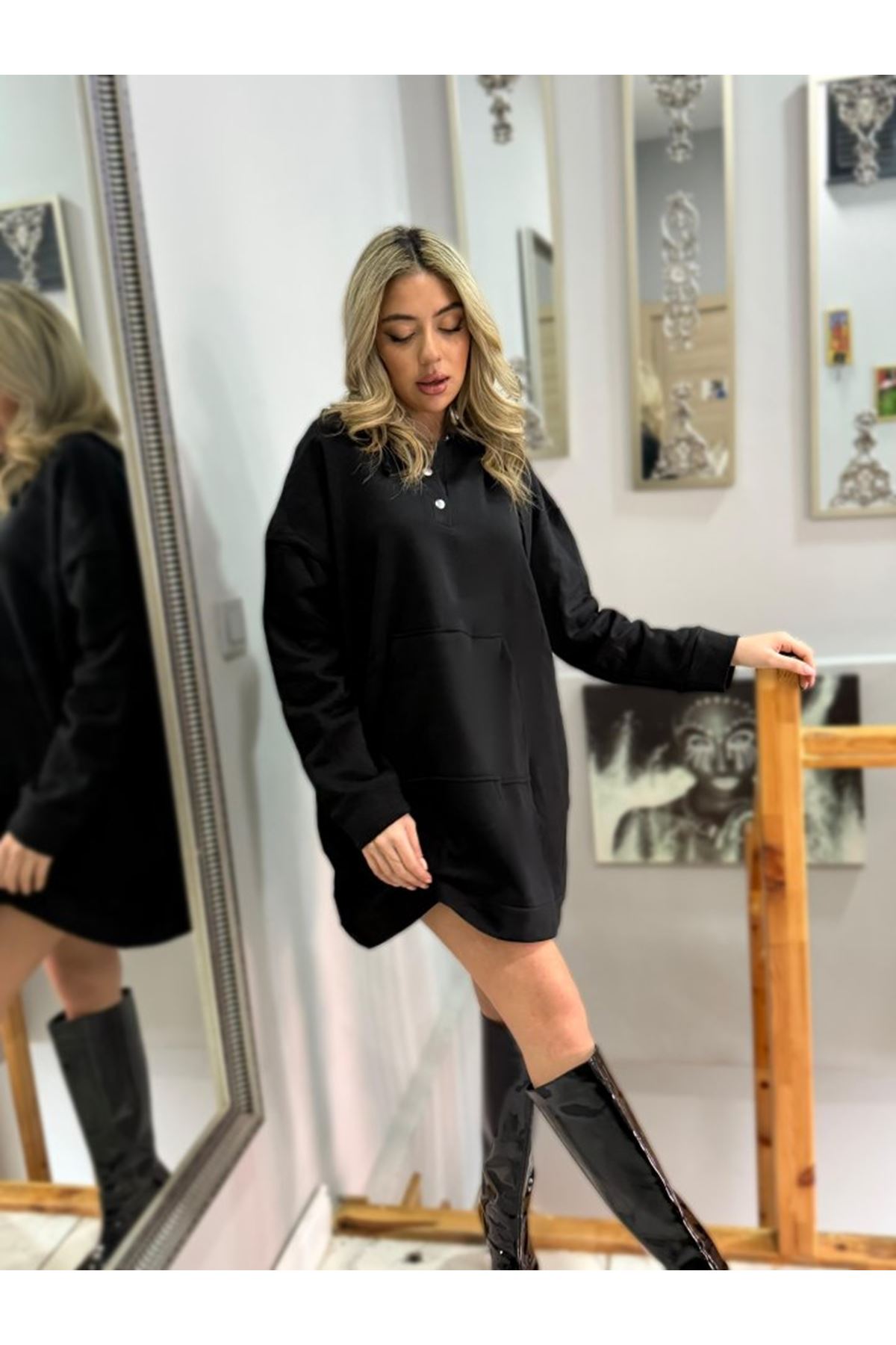 Kadın Uzun Kollu Kapşonlu Bağcıklı önden Düğmeli Ve Cepli Iki Iplik şardonlu Elbise