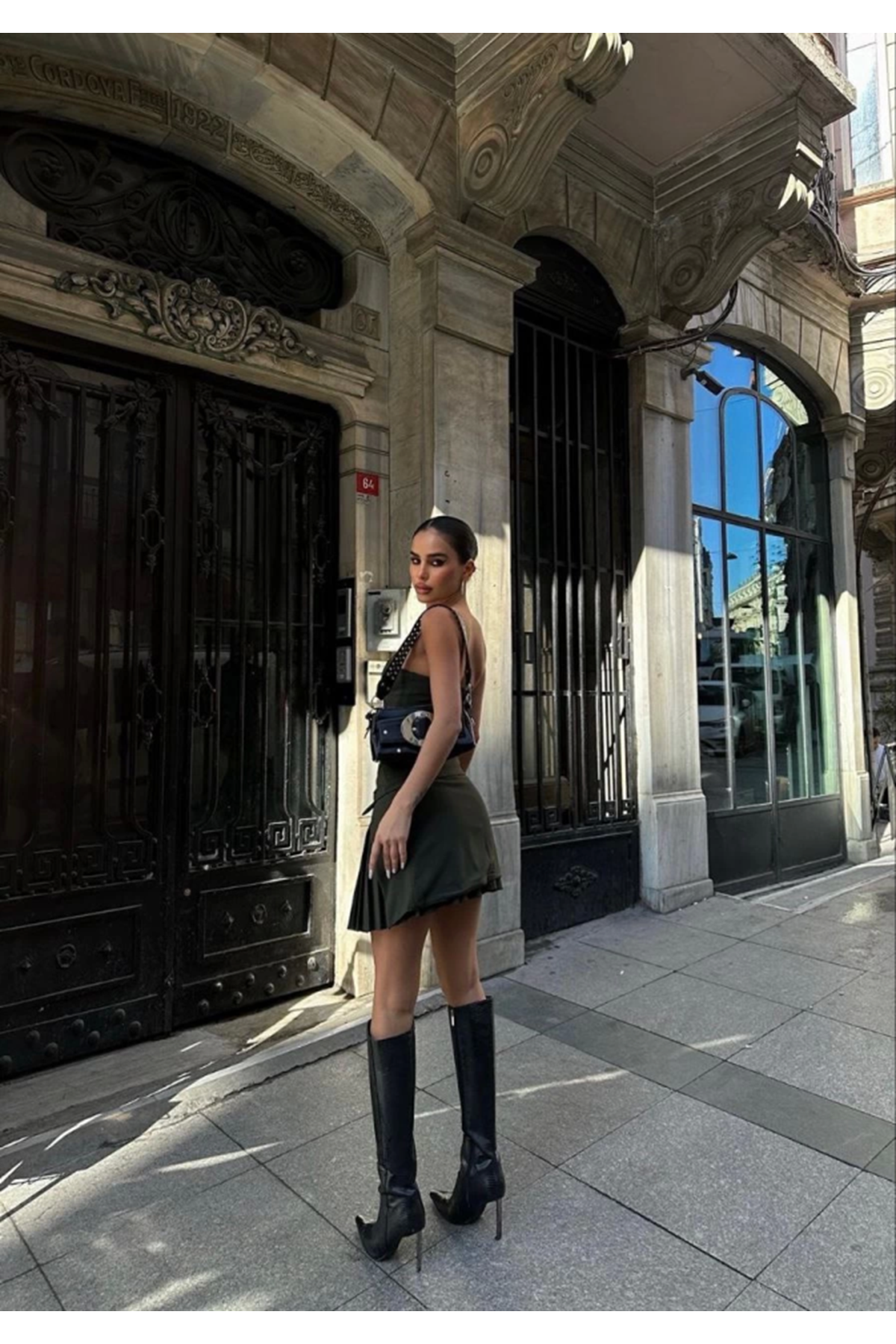 İki Parçalı Pileli Askılı Mini Elbise - Haki