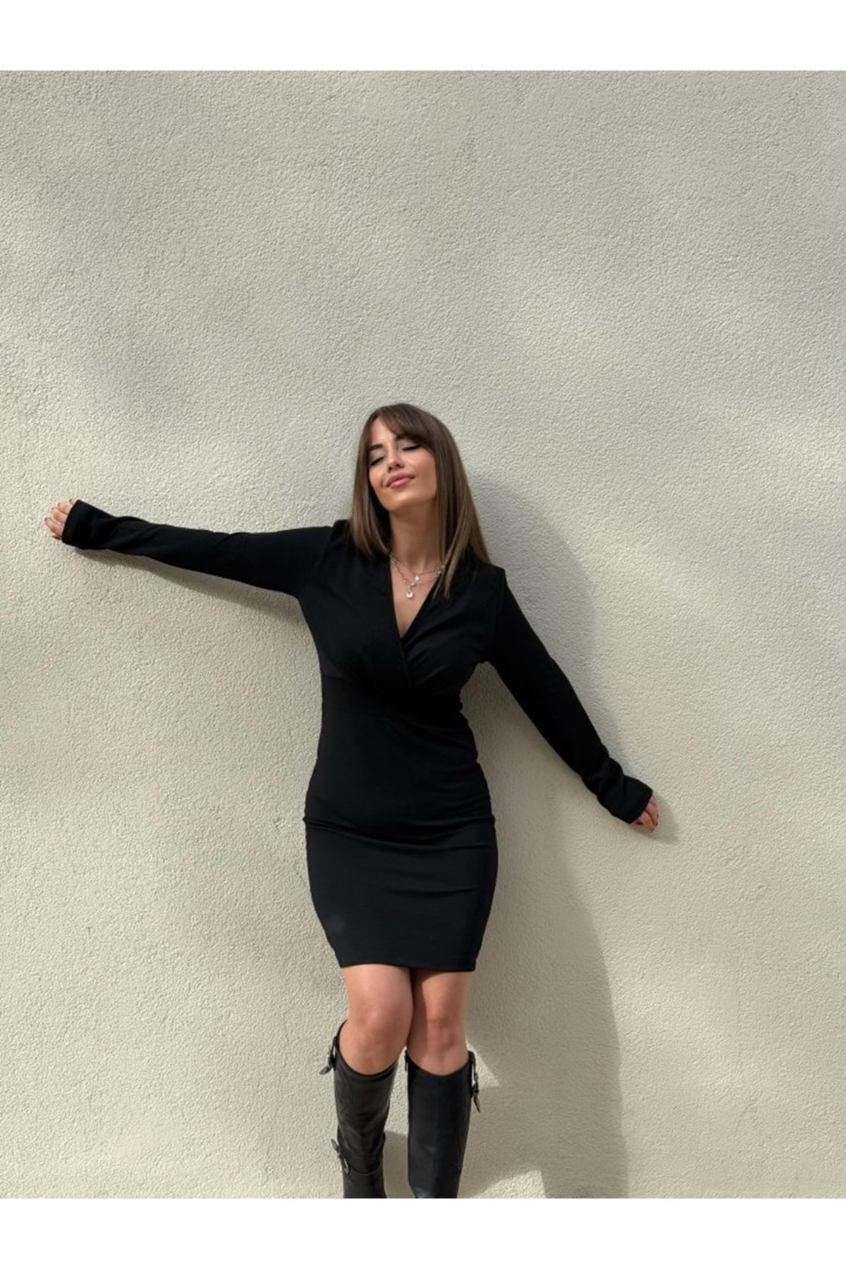 Kadın Uzun Kollu Kruvaze Yaka Krep Mini Boy Elbise