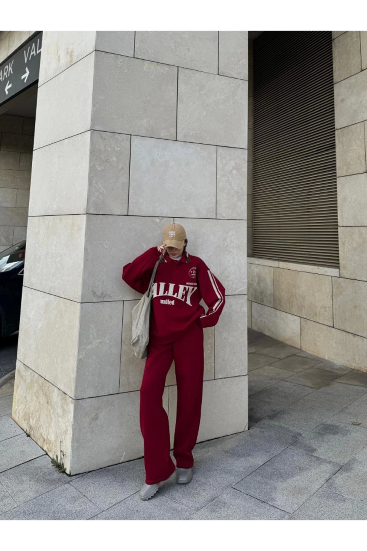 Üç İplik Yakalı Sweat Baggy Pantalonlu Takım - Bordo