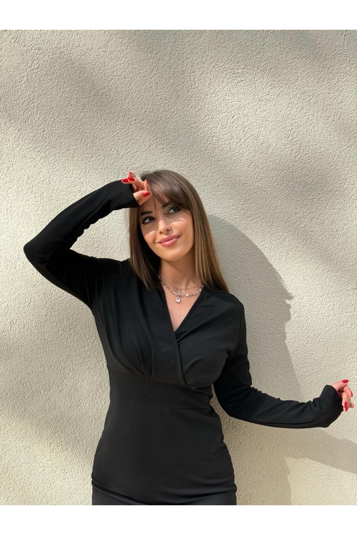 Kadın Uzun Kollu Kruvaze Yaka Krep Mini Boy Elbise