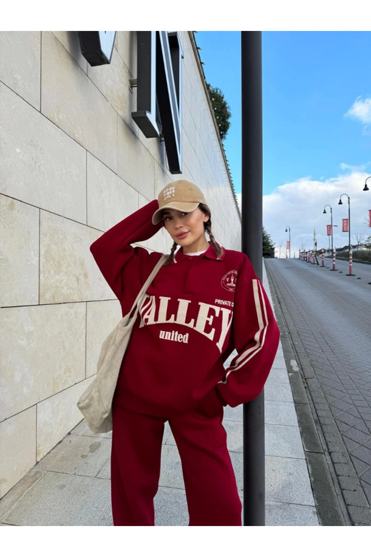 Üç İplik Yakalı Sweat Baggy Pantalonlu Takım - Bordo