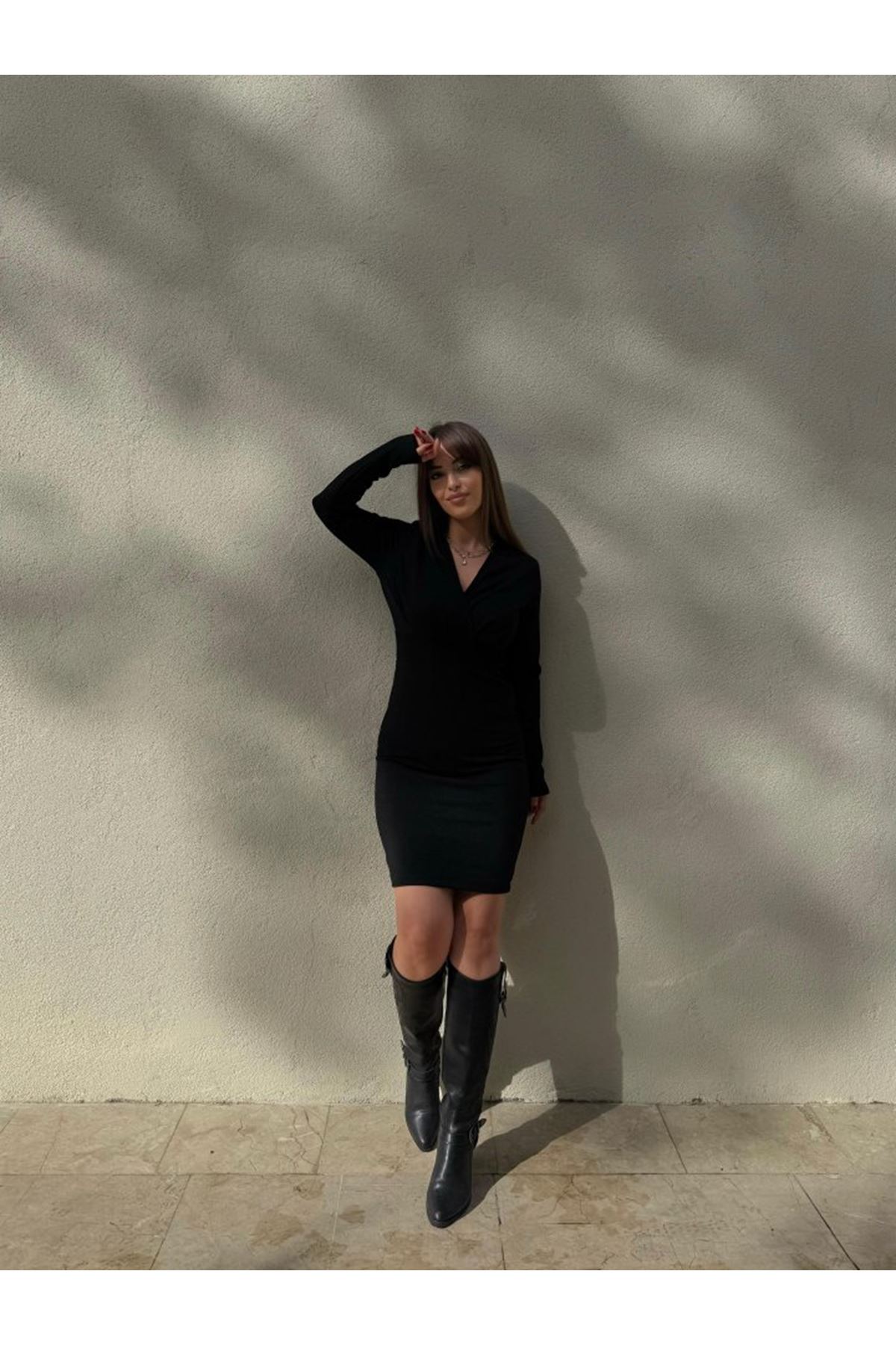 Kadın Uzun Kollu Kruvaze Yaka Krep Mini Boy Elbise