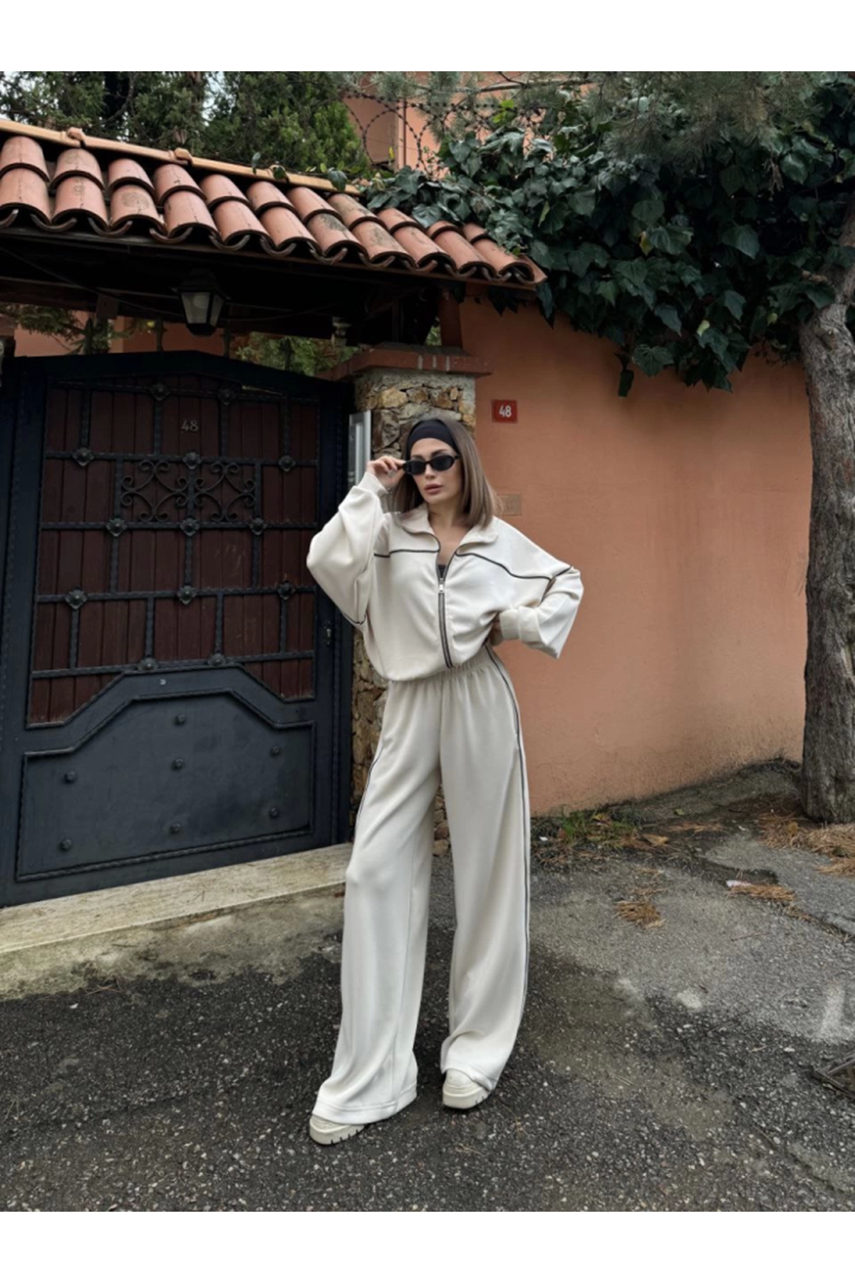 Fermuarlı Eşofman Pantolon İkili Takım - Beyaz