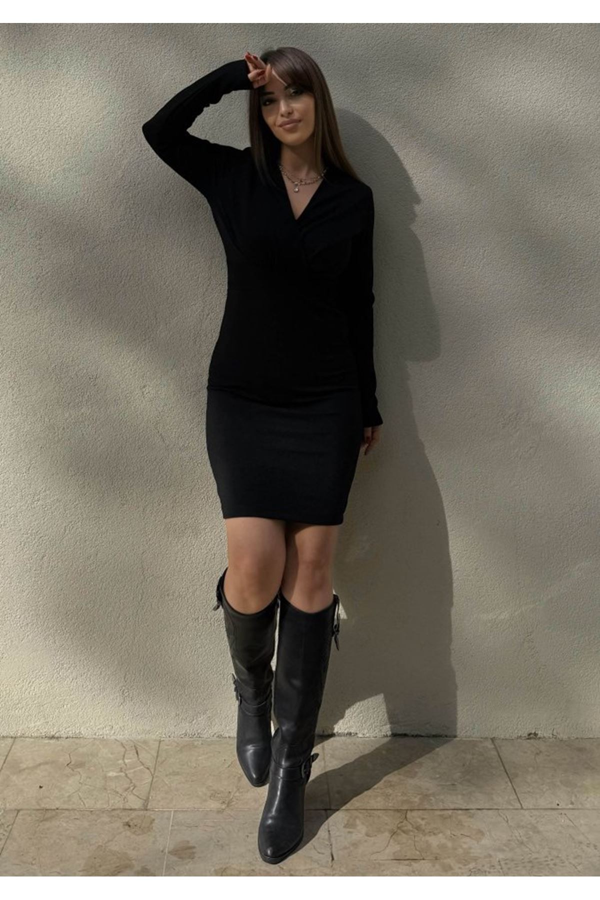 Kadın Uzun Kollu Kruvaze Yaka Krep Mini Boy Elbise