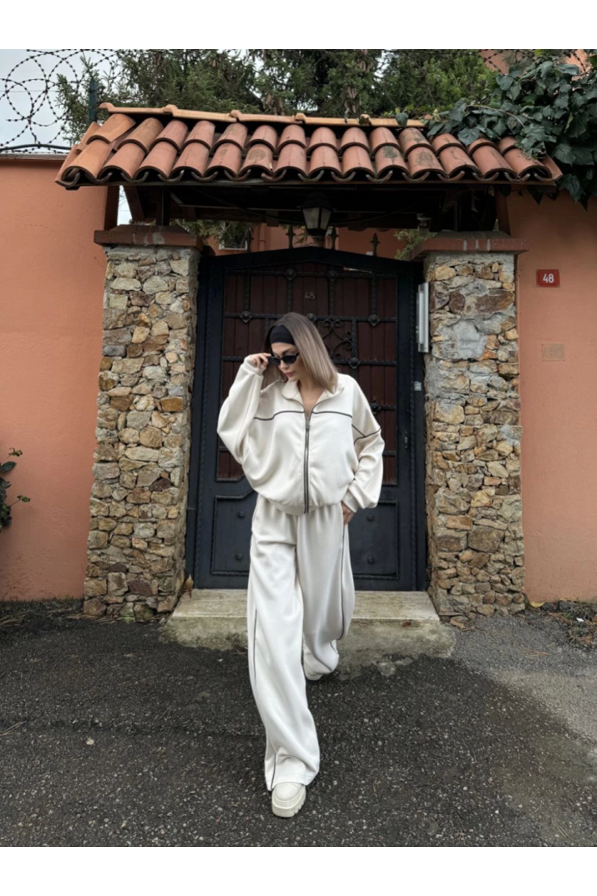 Fermuarlı Eşofman Pantolon İkili Takım - Beyaz