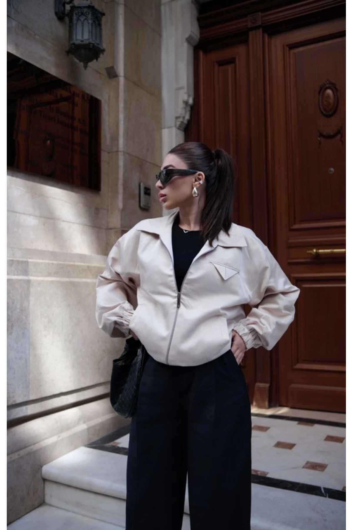 Fermuarlı Gömlek Yaka Bomber Ceket - Beyaz