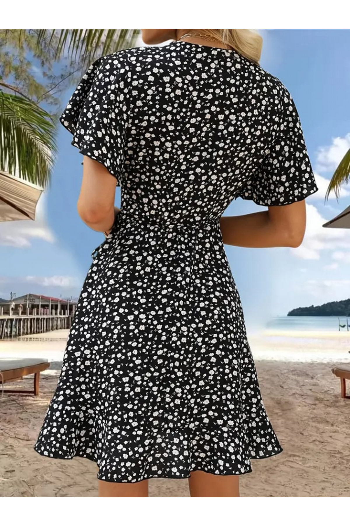Kadın Kısa Kollu Kolu Ve Eteği Volanlı Fırfırlı çiçek Desenli Mini Elbise