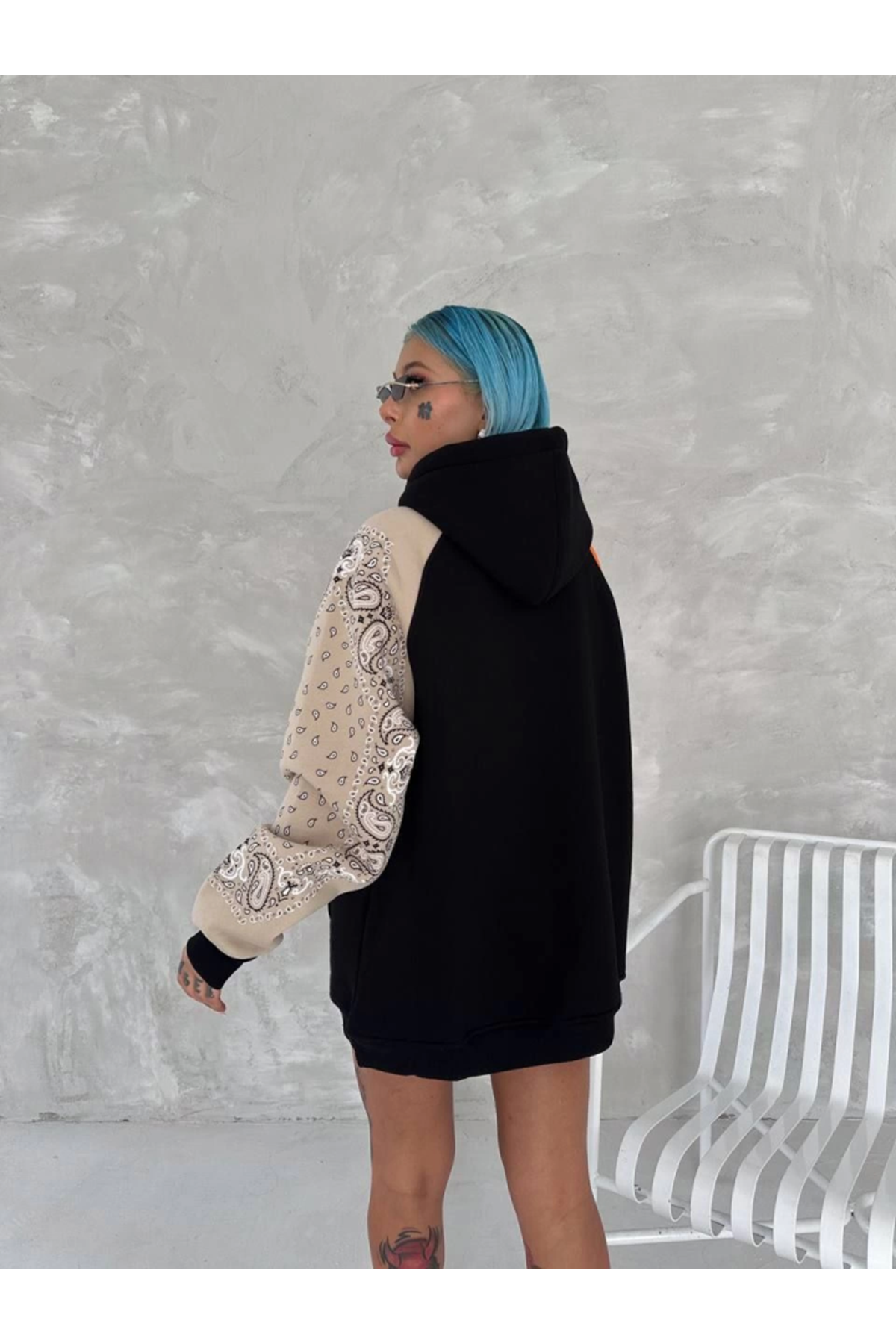 Üç İplik Penye Kapşonlu Parçalı SweatShirt - Siyah