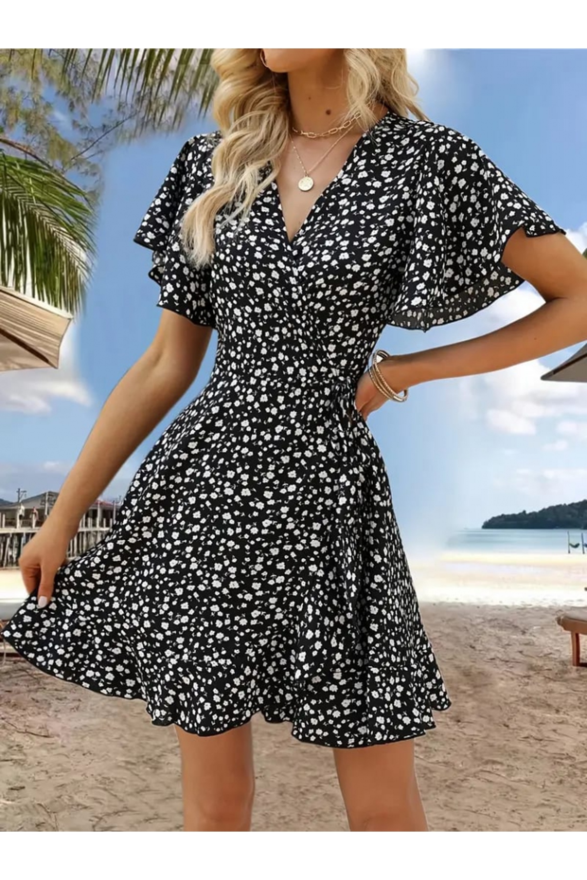 Kadın Kısa Kollu Kolu Ve Eteği Volanlı Fırfırlı çiçek Desenli Mini Elbise