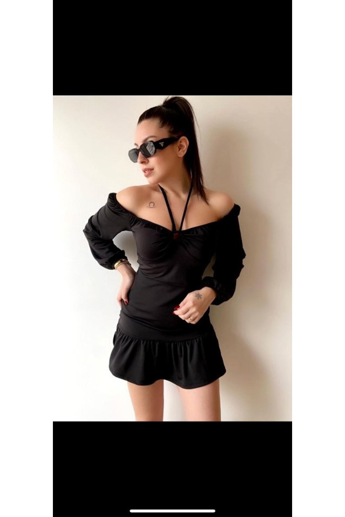 Kadın Uzun Kollu Halter Yaka Detay Mini Elbise