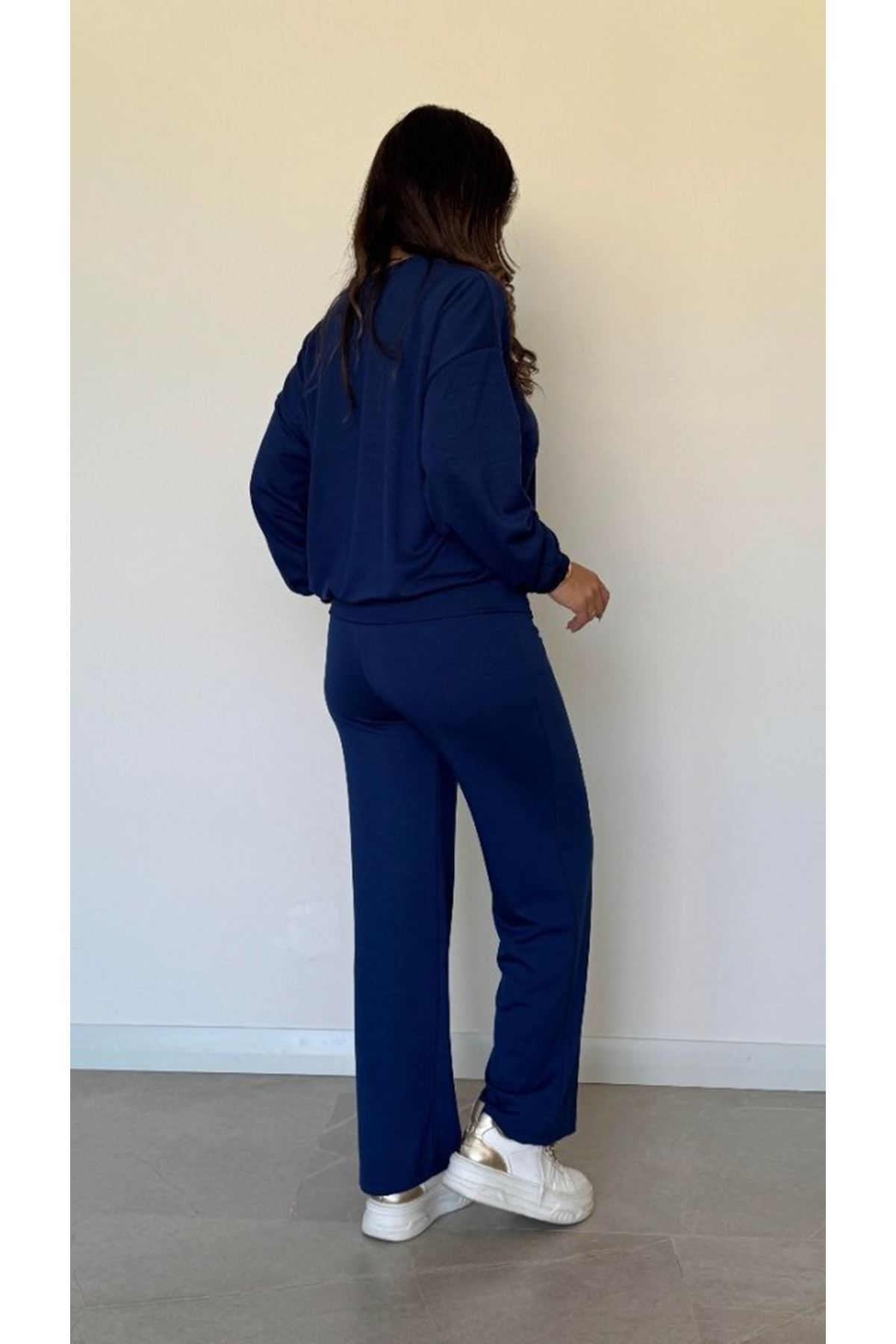 Kadın Uzun Kollu Bisiklet Yaka Viskon Iki Iplik Bluz Ve Pantolon Ikili Takım