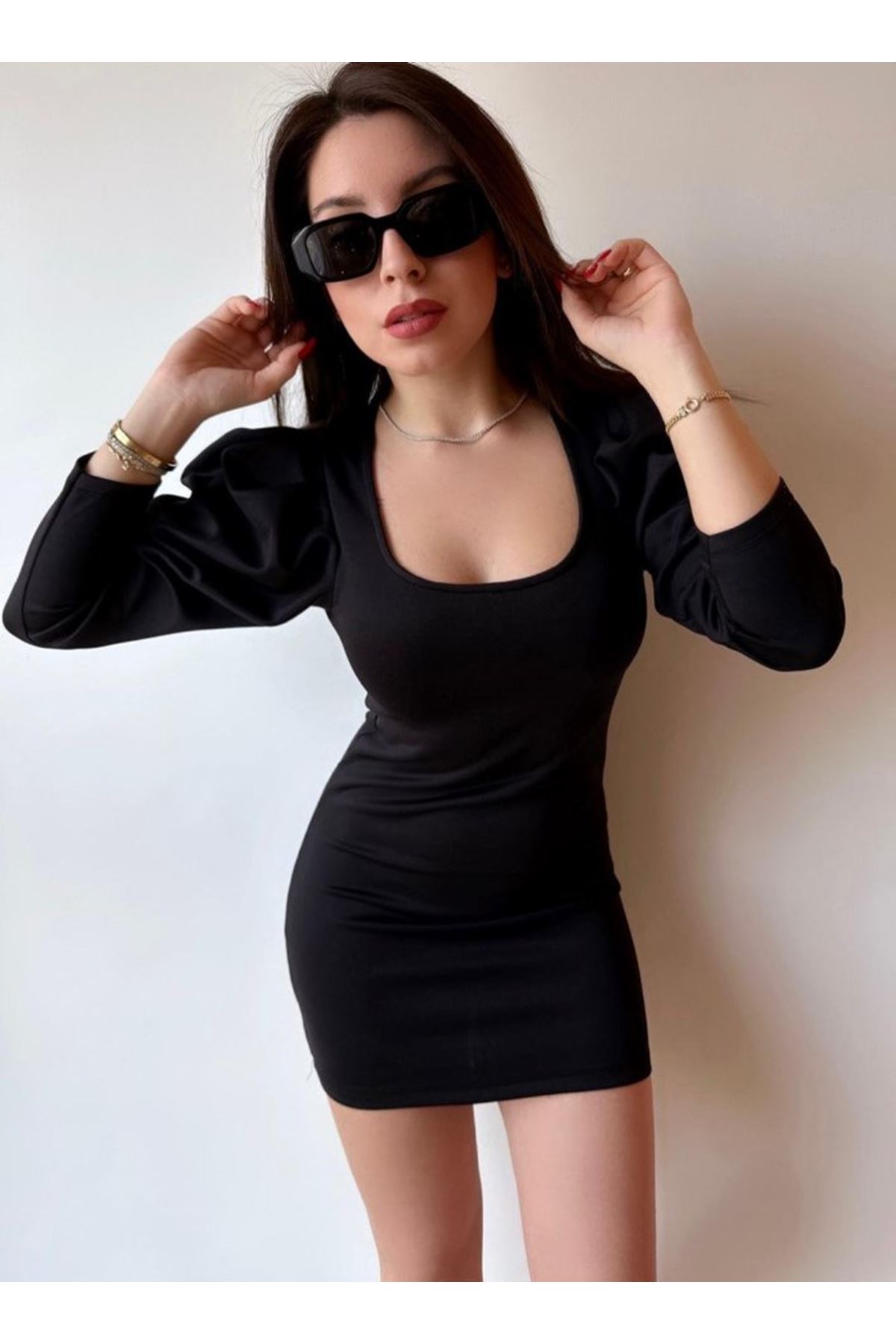 Kadın U Yaka Balon Omuz Ve Fakir Kol Detay Mini Elbise