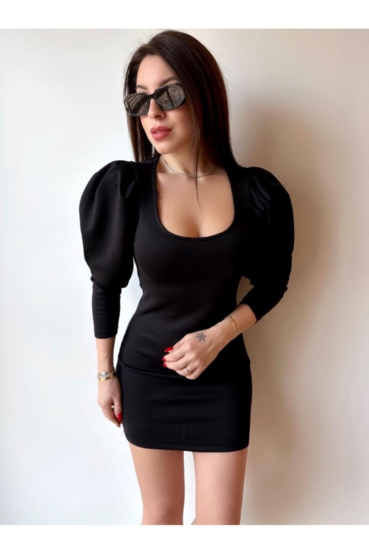 Kadın U Yaka Balon Omuz Ve Fakir Kol Detay Mini Elbise