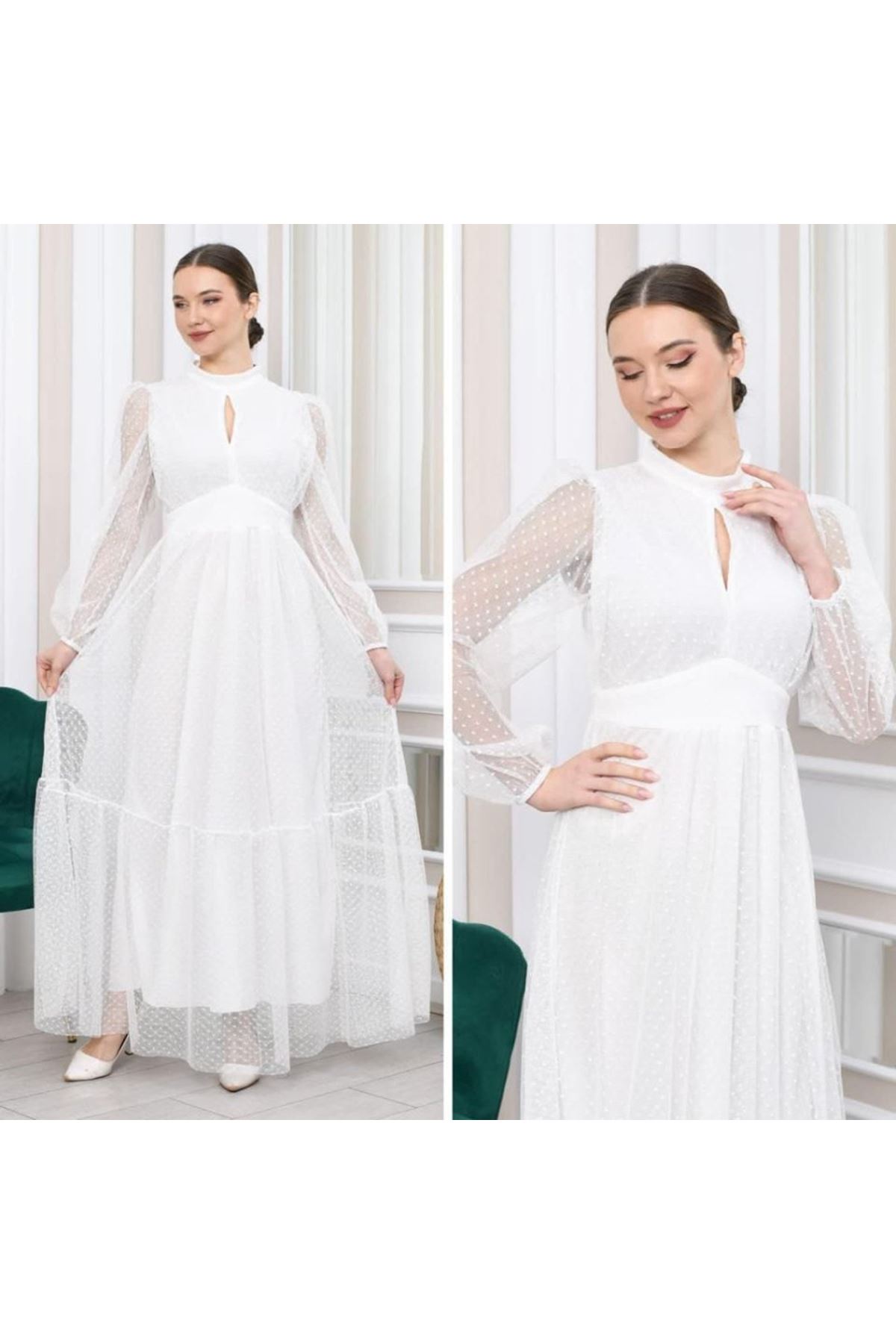 Kadın Damla Yaka Sırt Dekolteli Astarlı Tül Elbise