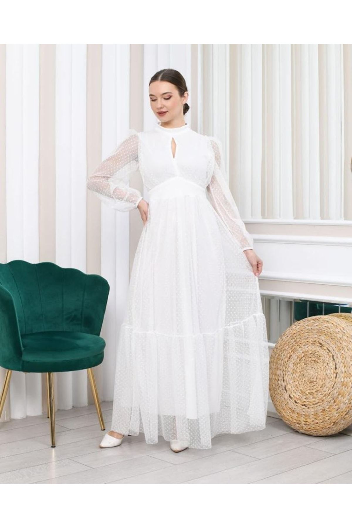 Kadın Damla Yaka Sırt Dekolteli Astarlı Tül Elbise