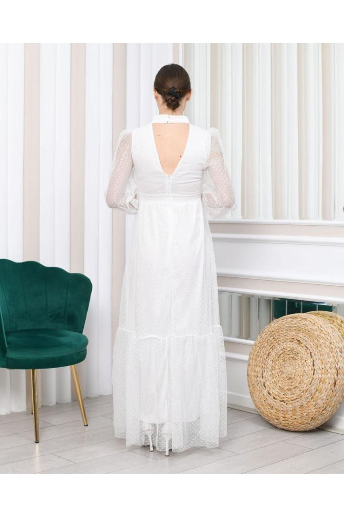 Kadın Damla Yaka Sırt Dekolteli Astarlı Tül Elbise