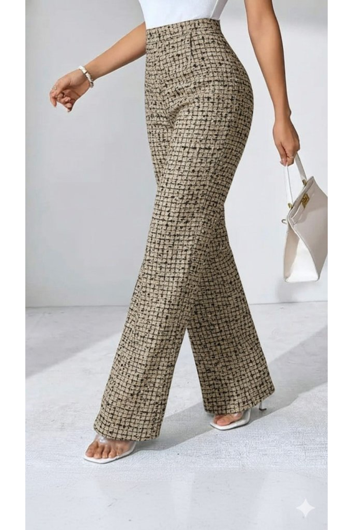 Kadın Yüksek Bel Paçaya Doğru Geniş Dokuma Pantolon